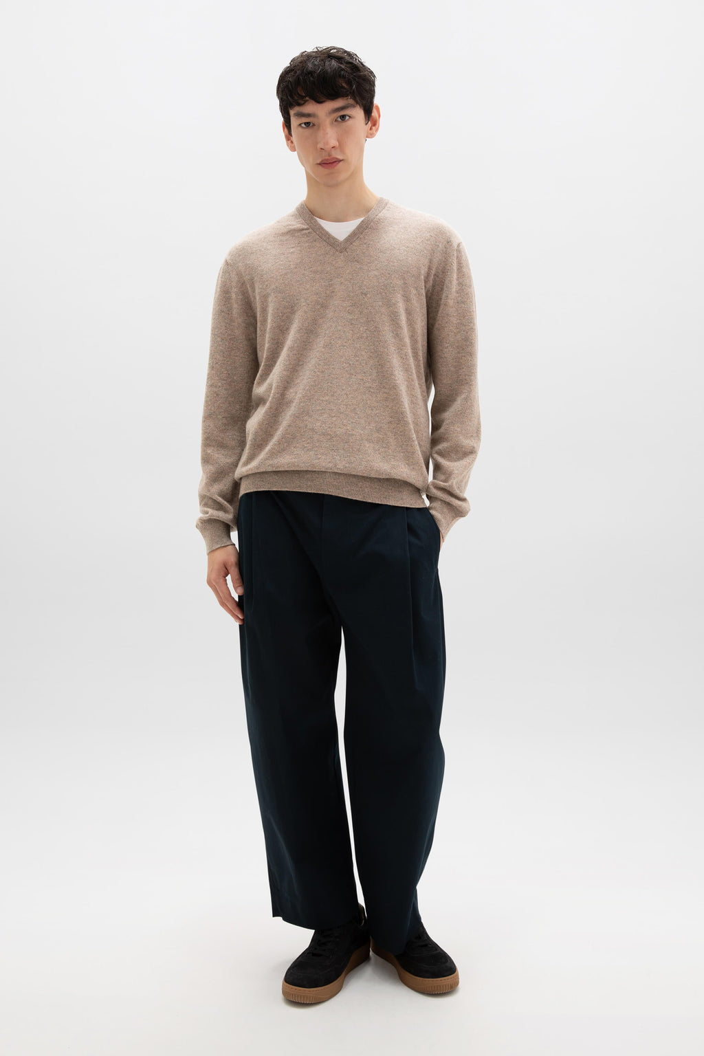 Johnstons of Elgin - Classic Light Brown Cashmere V Neck Jumper
