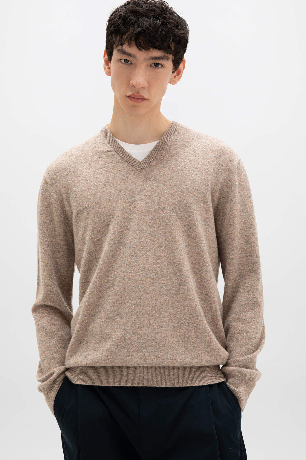 Johnstons of Elgin - Classic Light Brown Cashmere V Neck Jumper