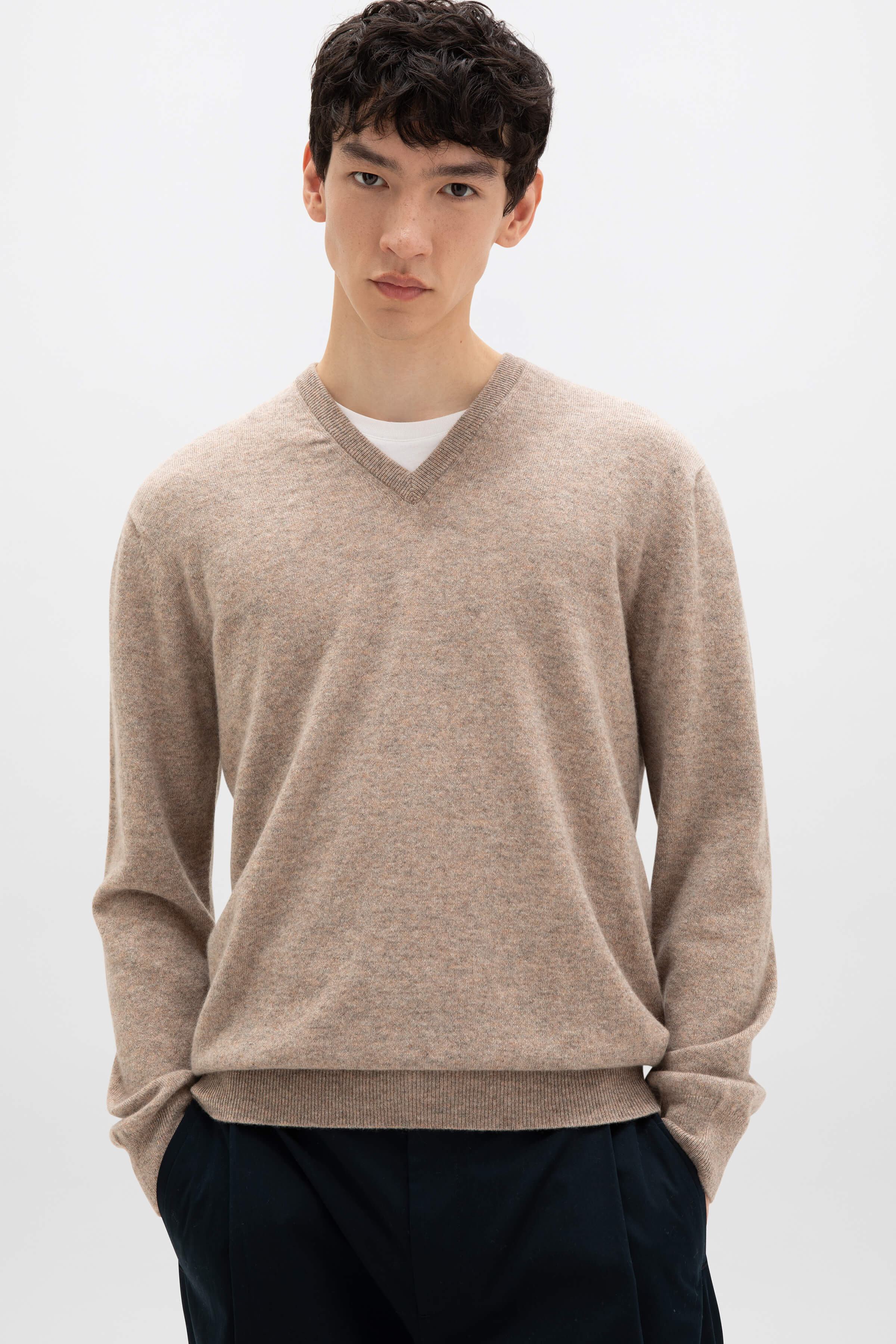 Johnstons of Elgin - Classic Light Brown Cashmere V Neck Jumper