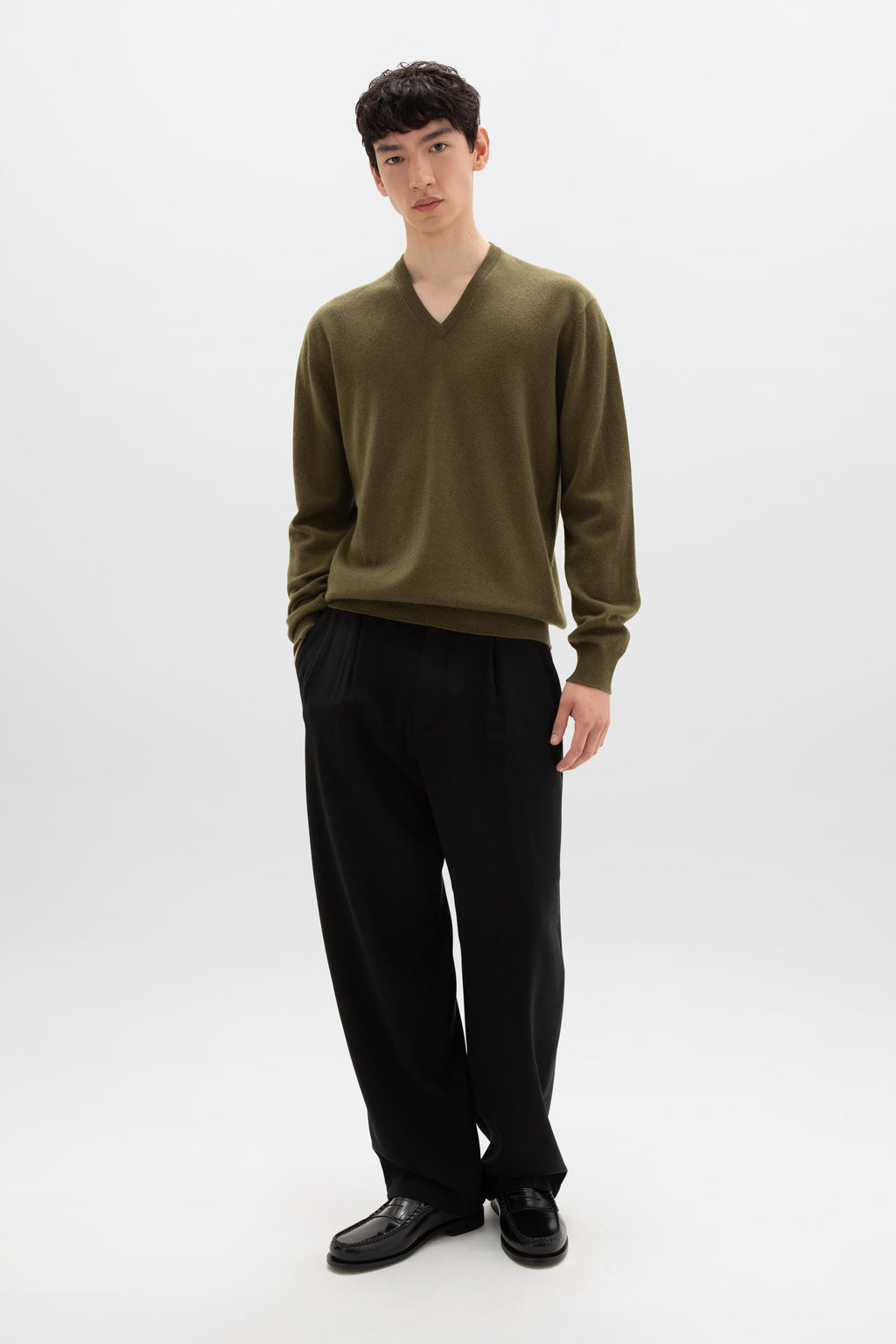 Johnstons of Elgin - Olive Green Cashmere V Neck Jumper