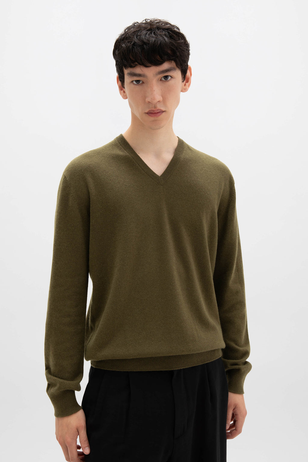Johnstons of Elgin - Olive Green Cashmere V Neck Jumper
