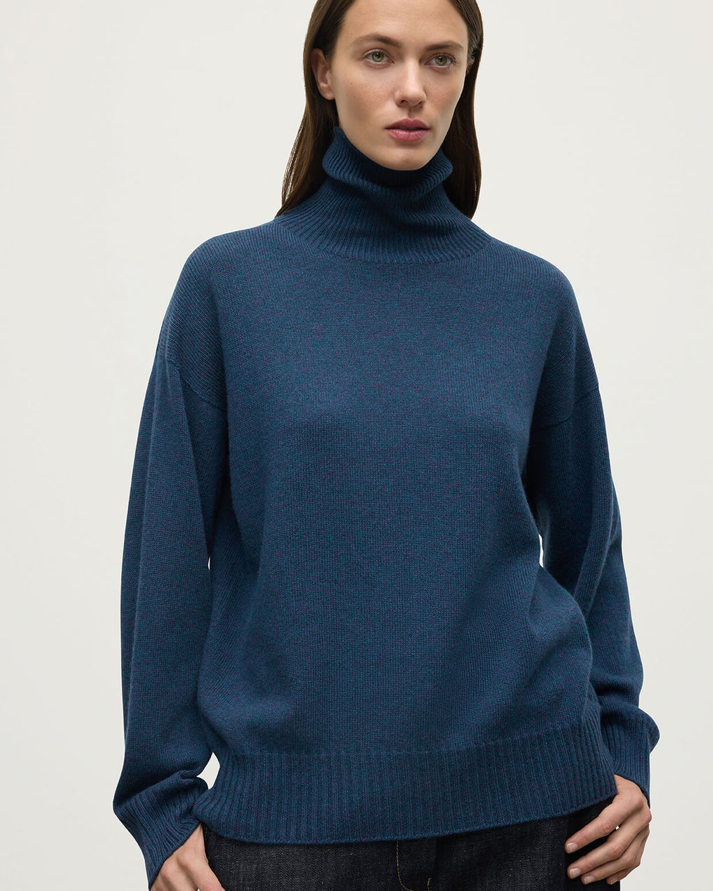Johnstons of Elgin - Gauzy Cashmere Navy Roll Neck Jumper