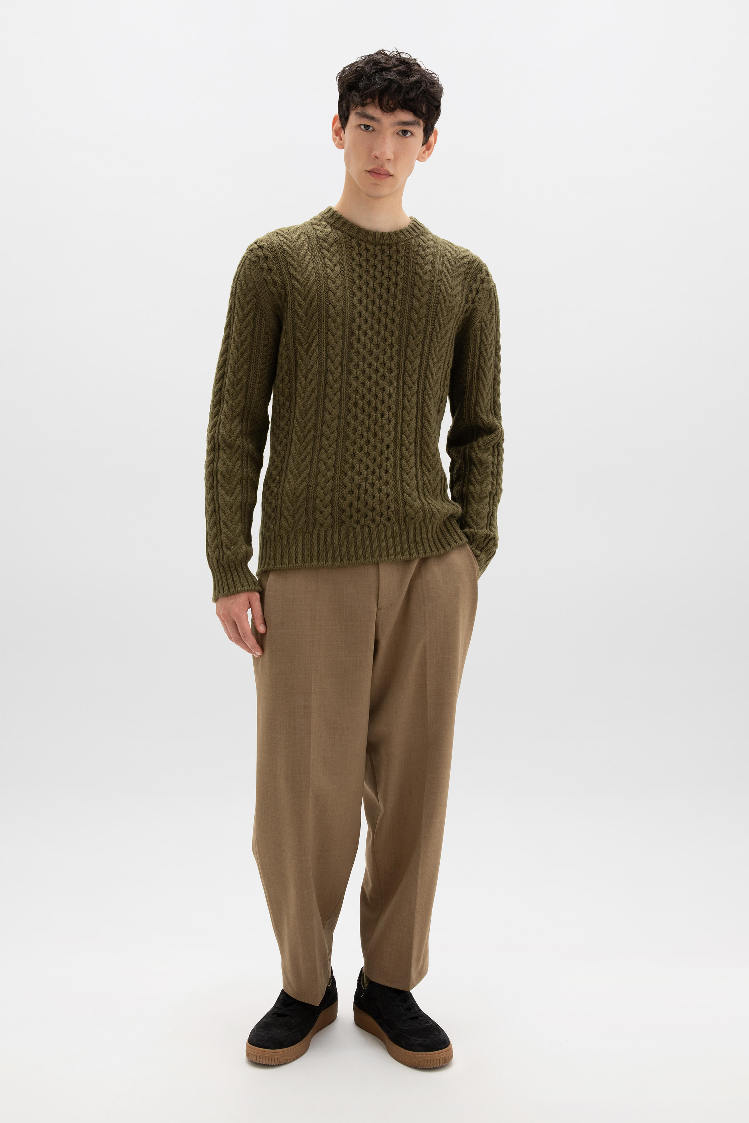 Johnstons of Elgin - Aran Cable Olive Green Cashmere Jumper