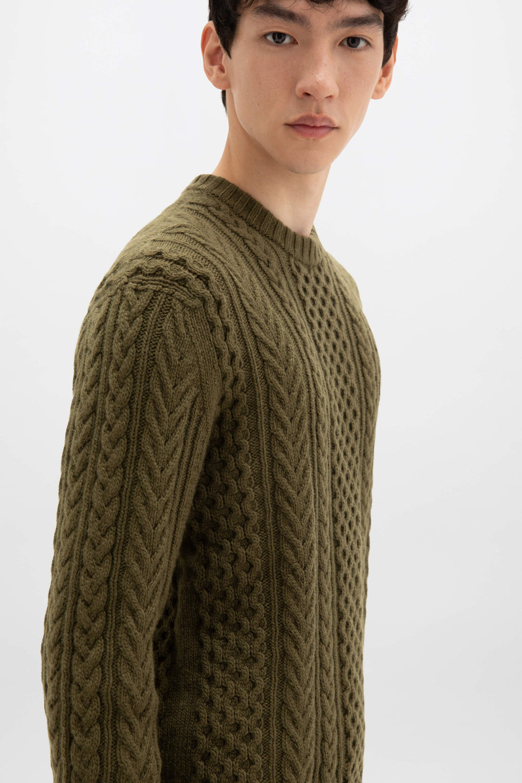 Johnstons of Elgin - Aran Cable Olive Green Cashmere Jumper