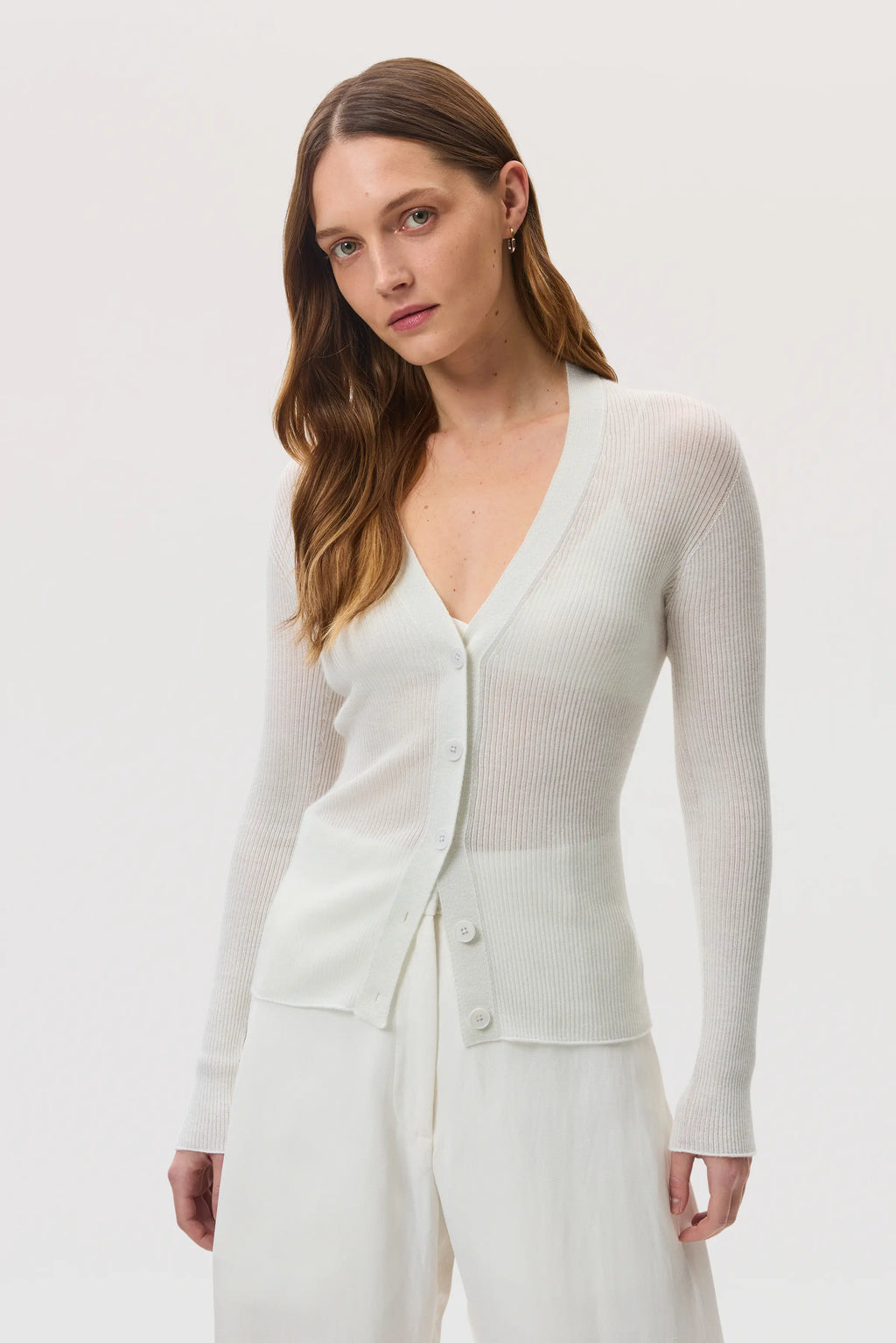 Johnstons of Elgin - Superfine Cashmere White Ribbed Cardigan