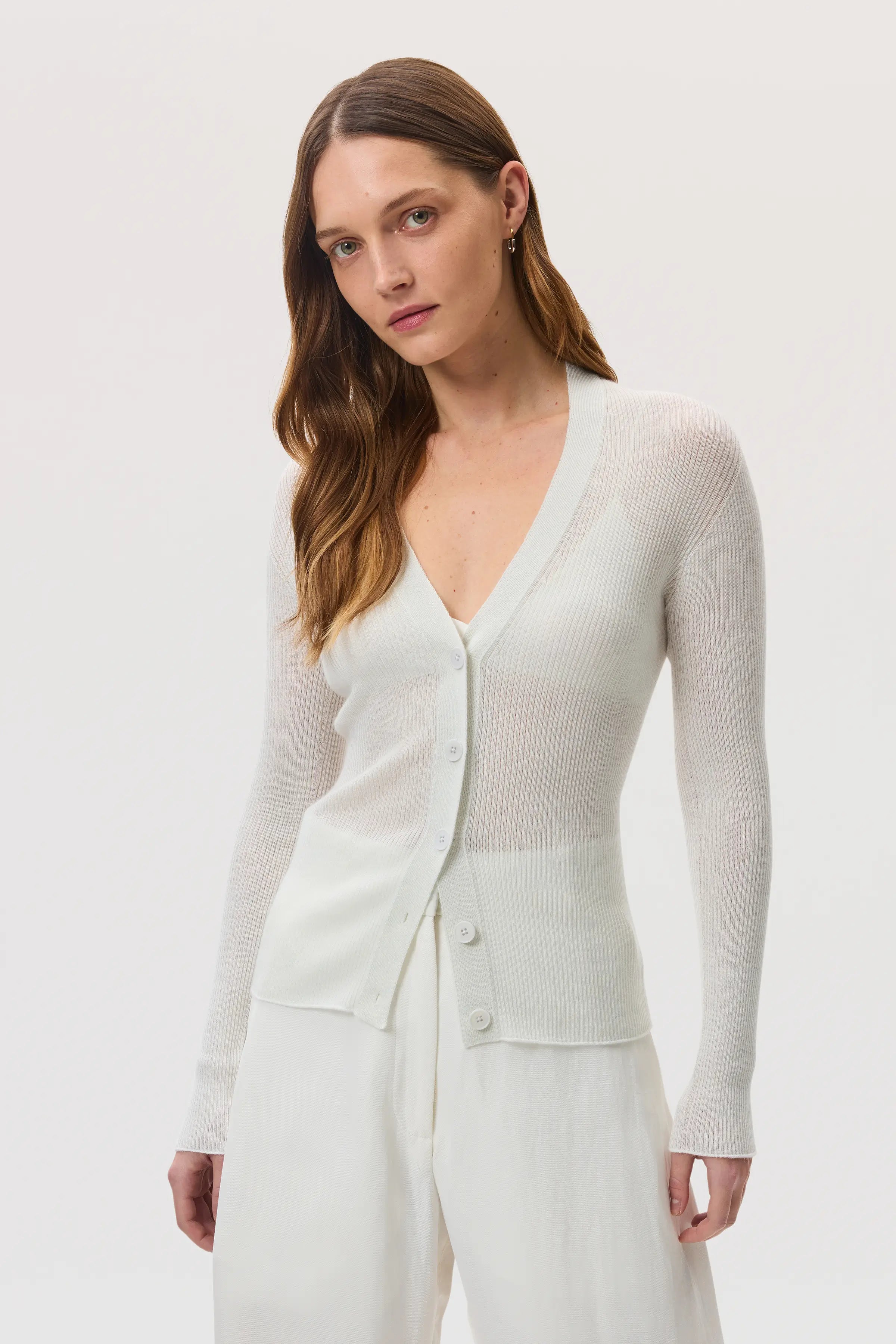 Johnstons of Elgin - Superfine Cashmere White Ribbed Cardigan