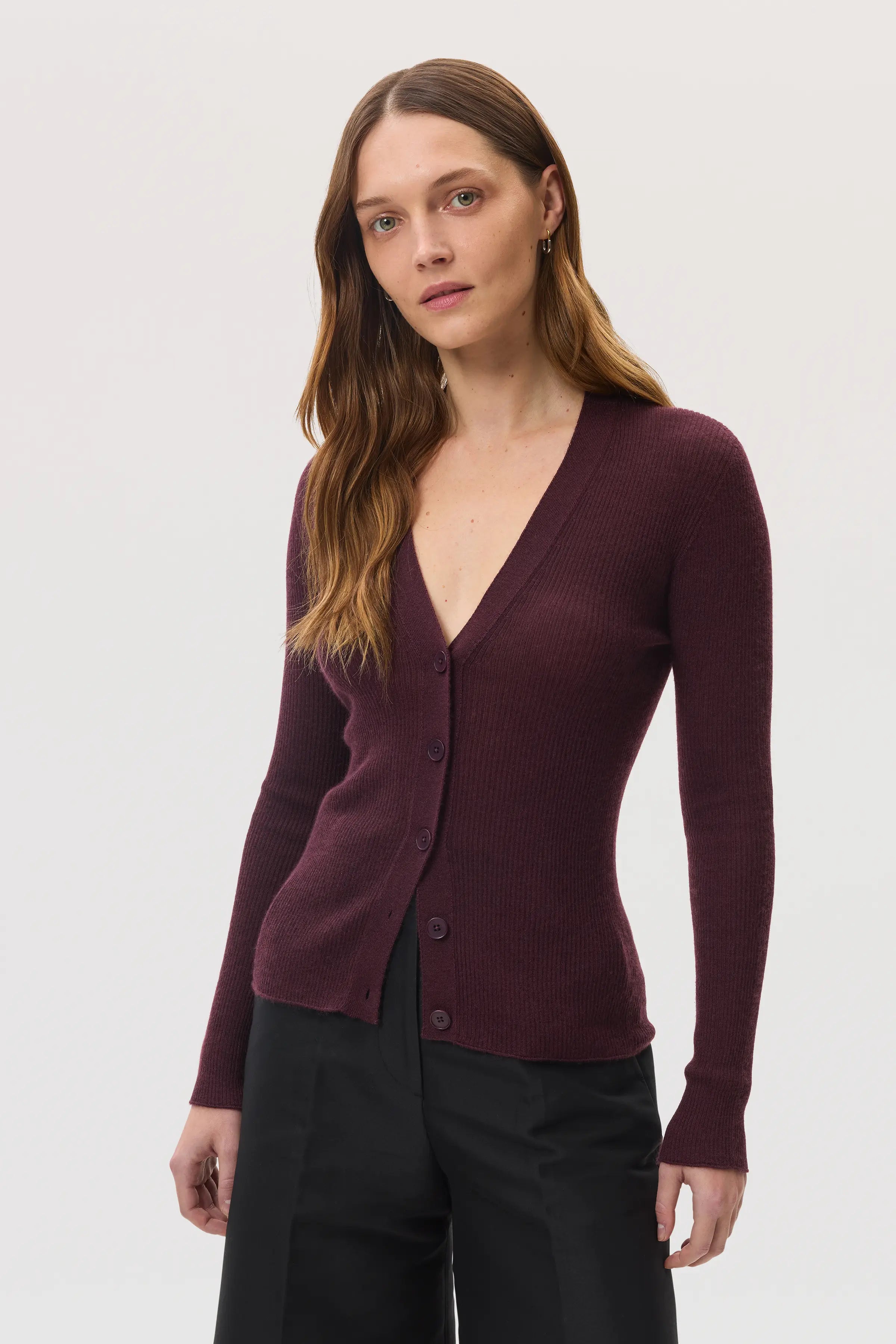 Johnstons of Elgin - Superfine Cashmere Deep Red Ribbed Cardigan