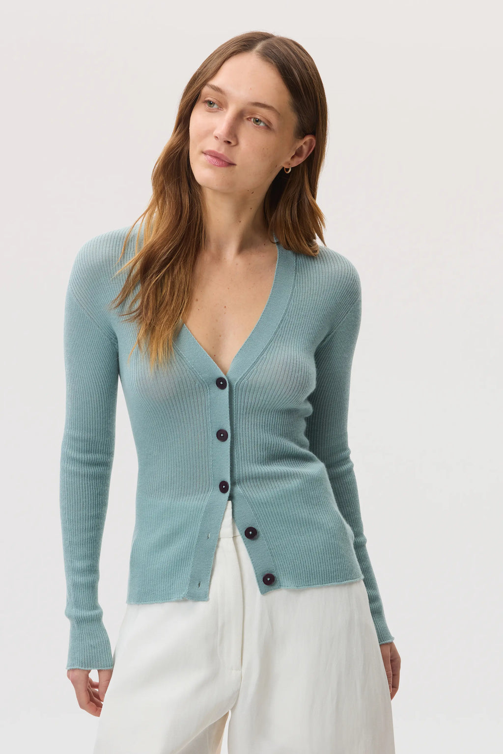 Johnstons of Elgin - Superfine Cashmere Light Green Ribbed Cardigan