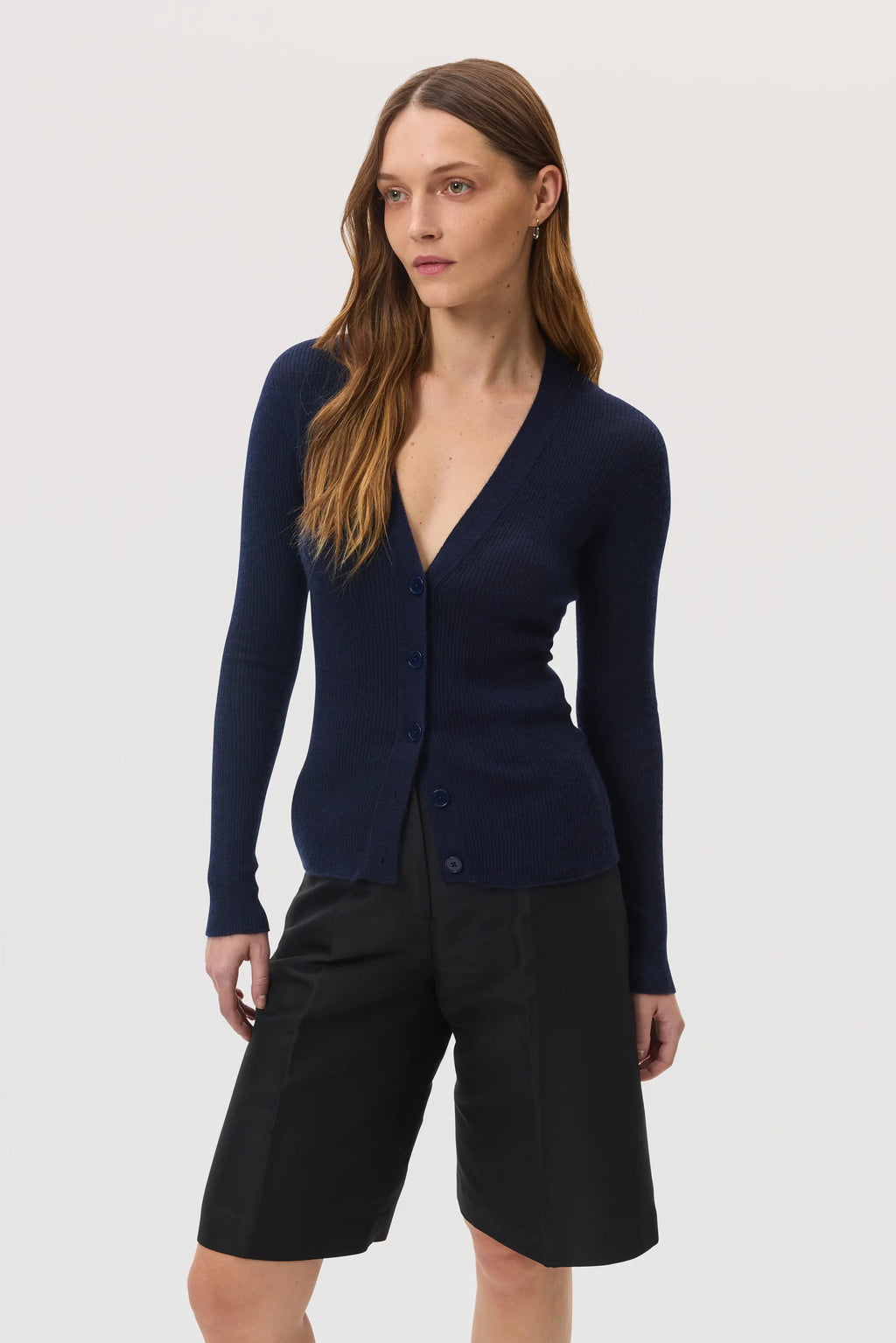 Johnstons of Elgin - Superfine Cashmere Dark Navy Ribbed Cardigan