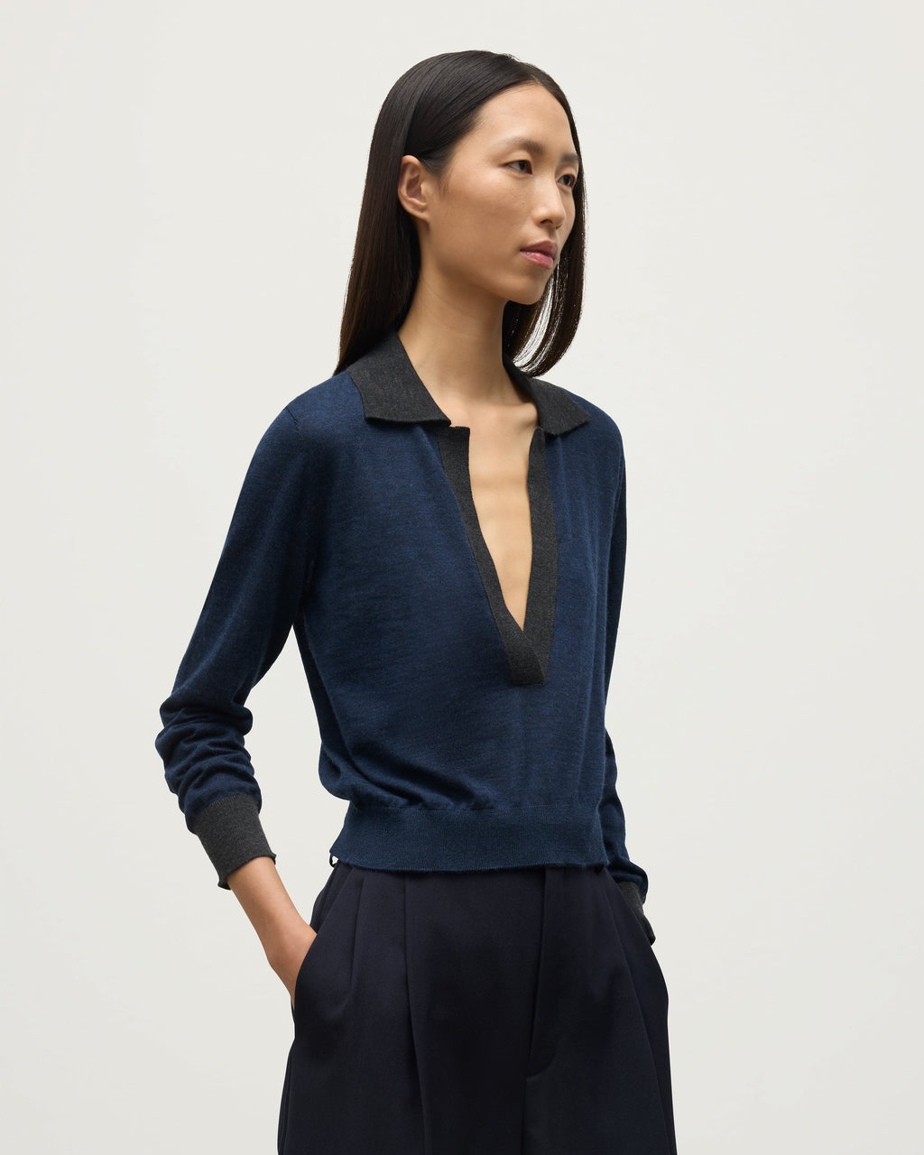 Johnstons of Elgin - Dee Navy & Grey Superfine Cashmere Polo Shirt