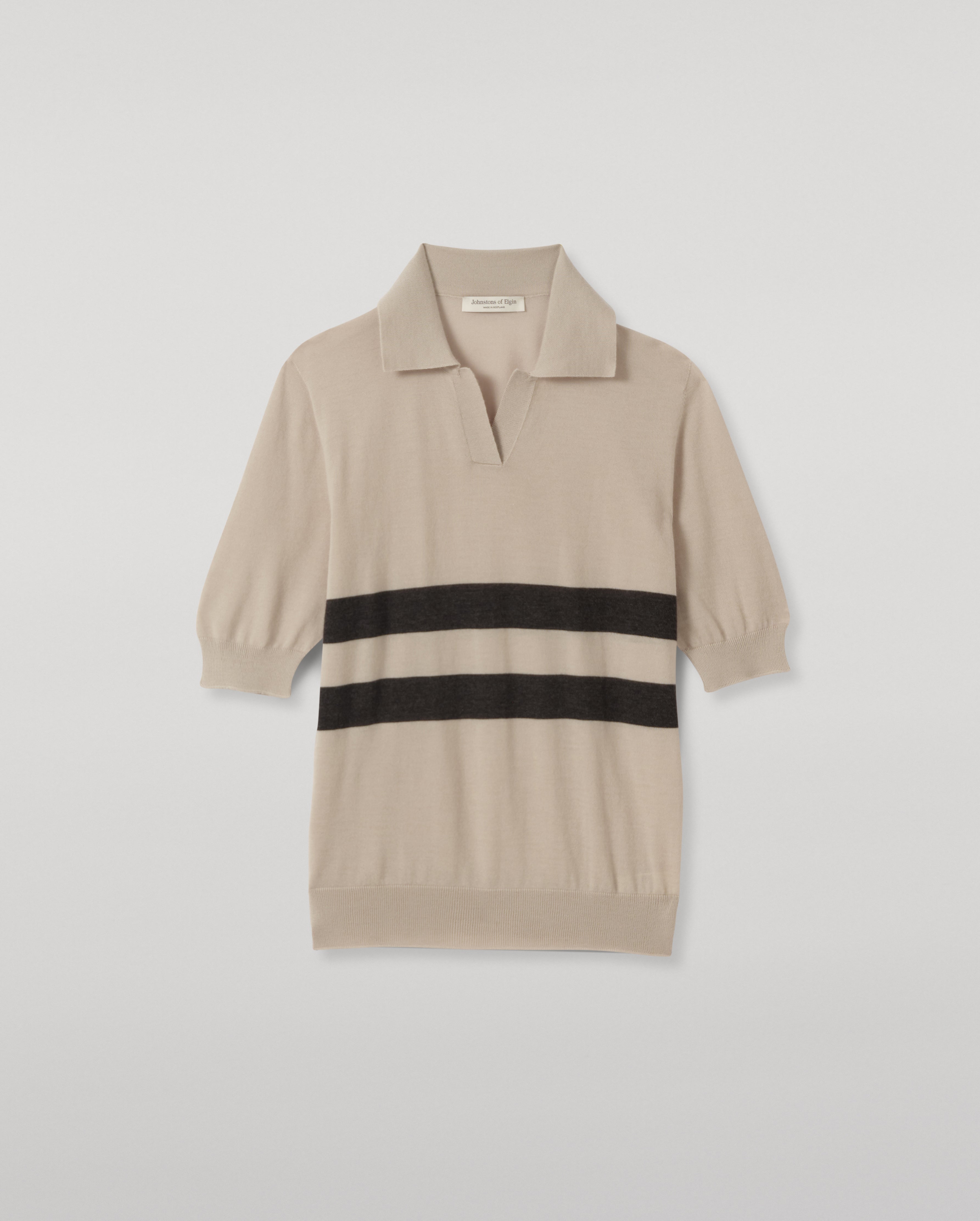 Johnstons of Elgin - Coira Cream & Grey Superfine Cashmere Polo Shirt