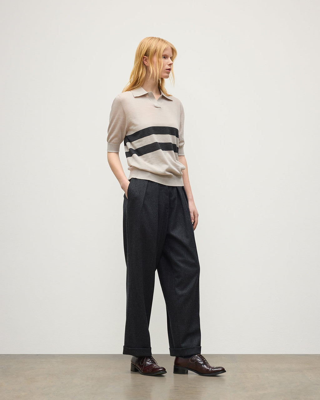 Johnstons of Elgin - Coira Cream & Grey Superfine Cashmere Polo Shirt