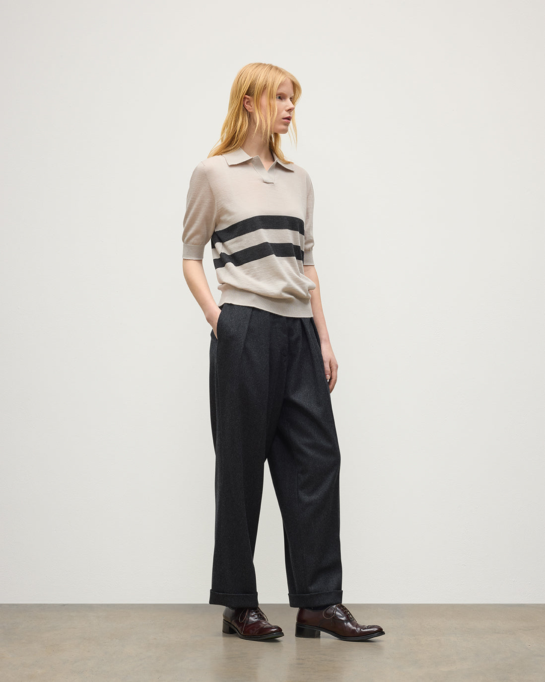 Johnstons of Elgin - Coira Cream & Grey Superfine Cashmere Polo Shirt