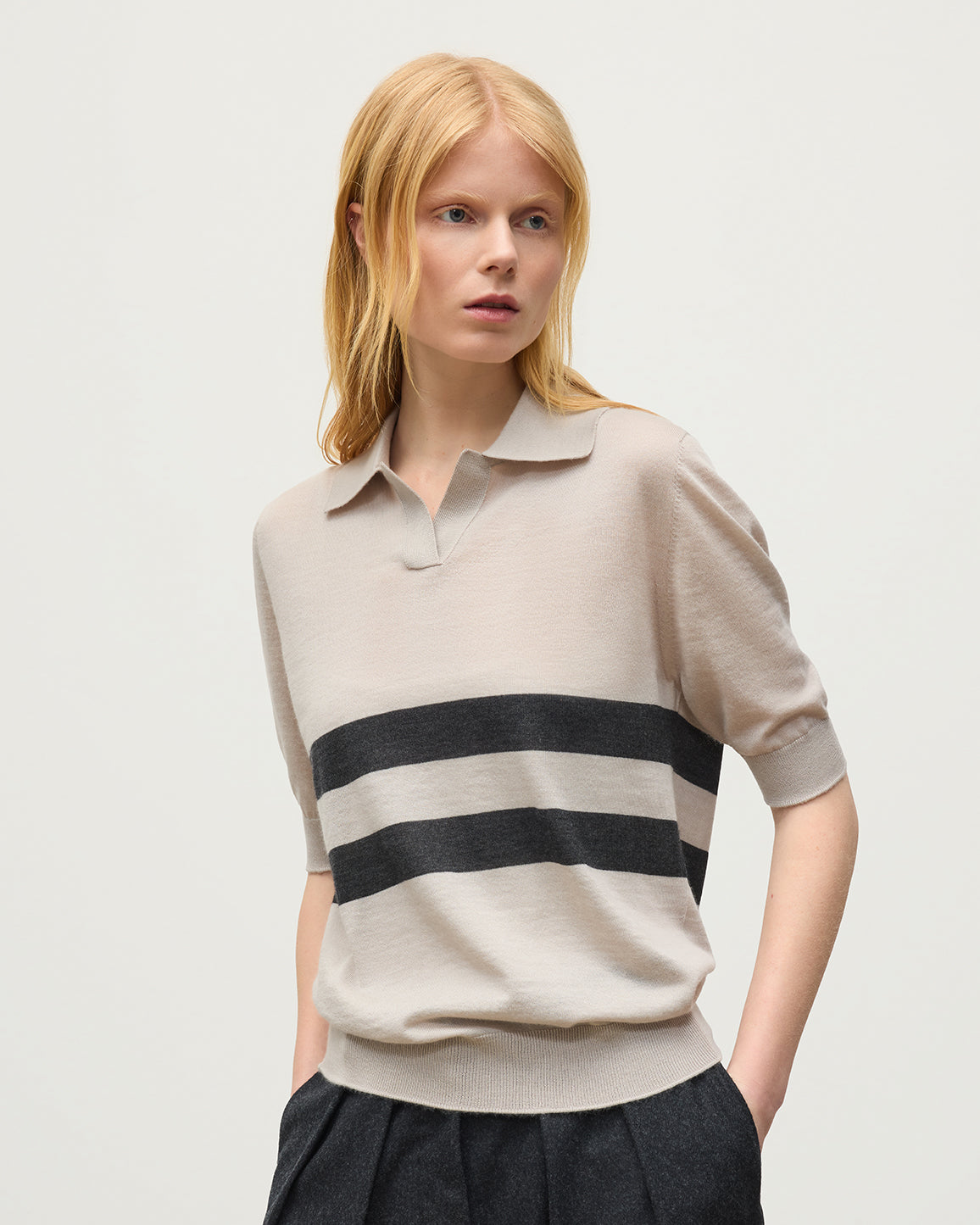 Johnstons of Elgin - Coira Cream & Grey Superfine Cashmere Polo Shirt