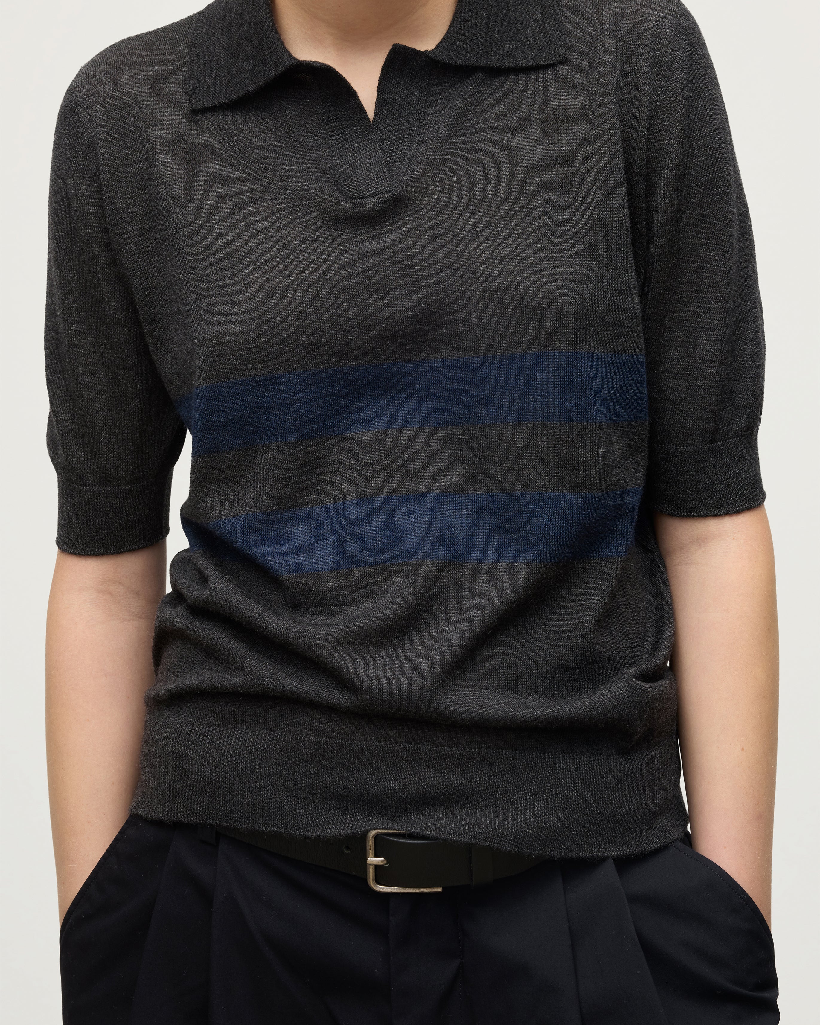 Johnstons of Elgin - Coira Dark Grey & Navy Superfine Cashmere Polo Shirt