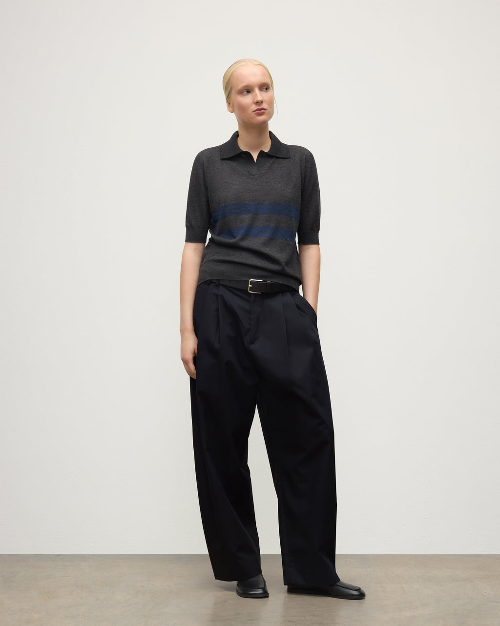 Johnstons of Elgin - Coira Dark Grey & Navy Superfine Cashmere Polo Shirt