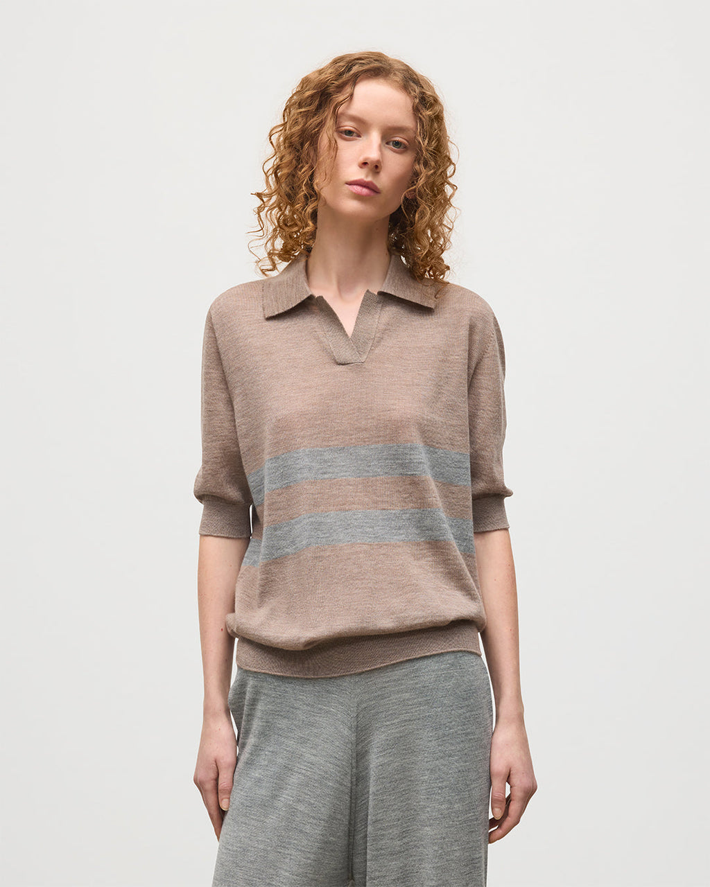 Johnstons of Elgin - Coira Brown & Dark Grey Superfine Cashmere Polo Shirt