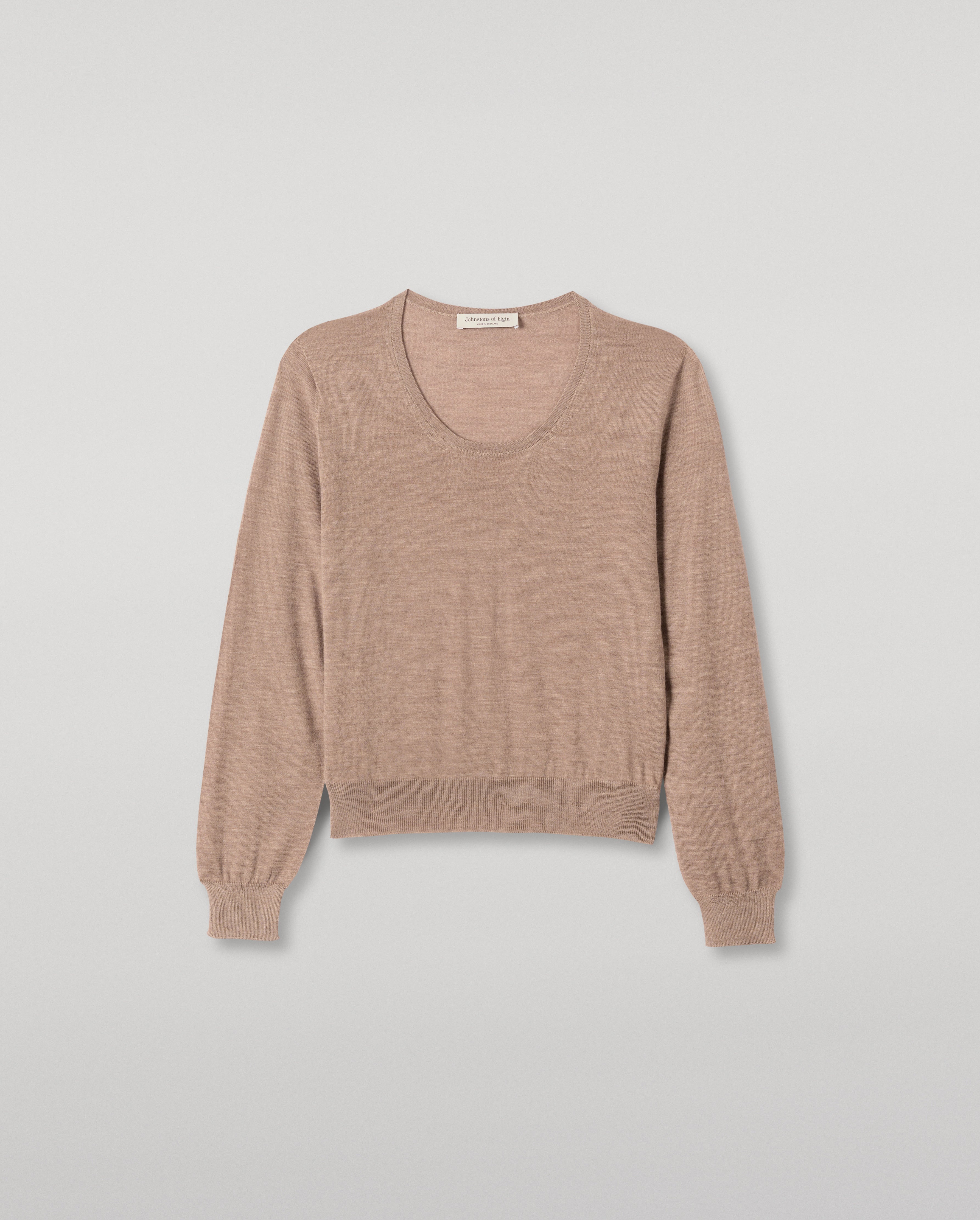 Johnstons of Elgin - Ella Light Brown Superfine Cashmere Scoop Neck Jumper