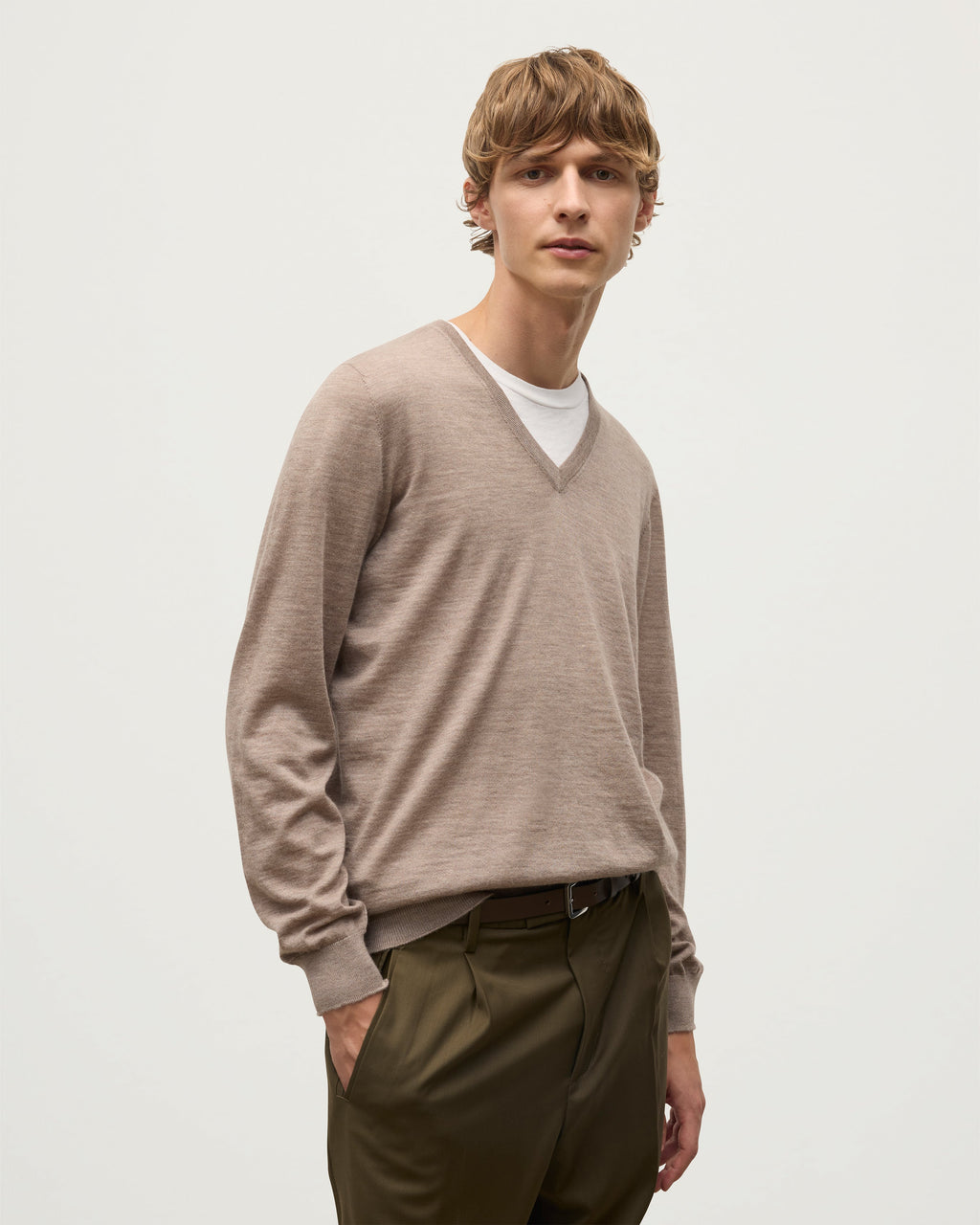 Johnstons of Elgin - Fin Light Brown V Neck Superfine Cashmere Jumper