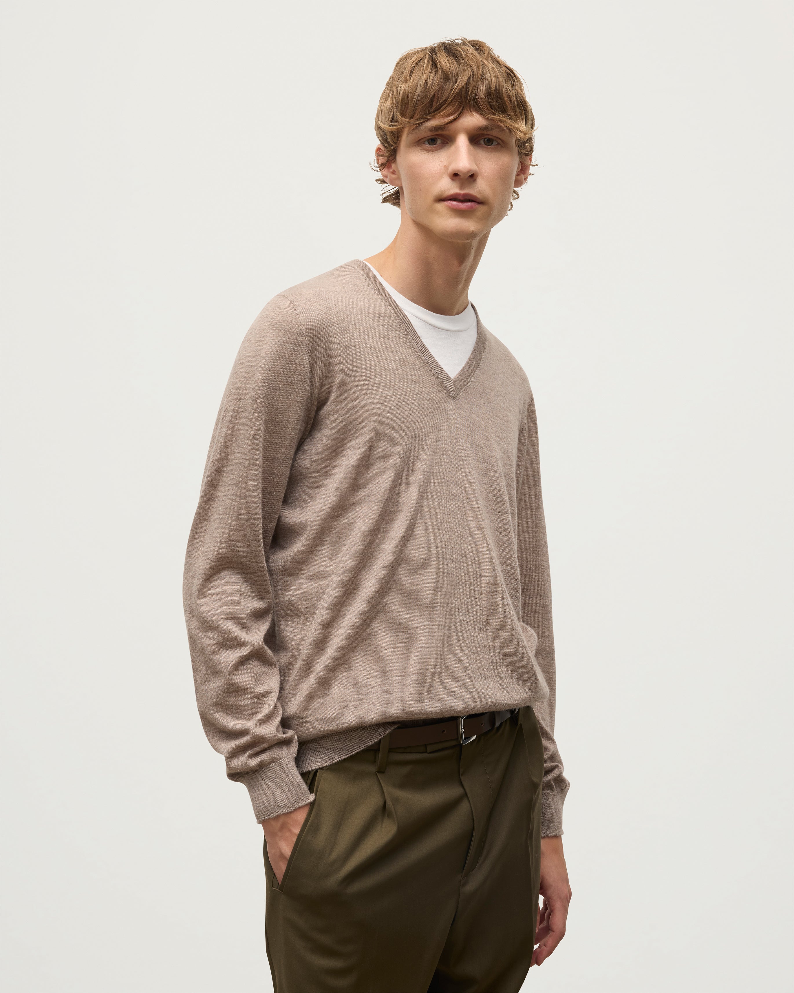 Johnstons of Elgin - Fin Light Brown V Neck Superfine Cashmere Jumper