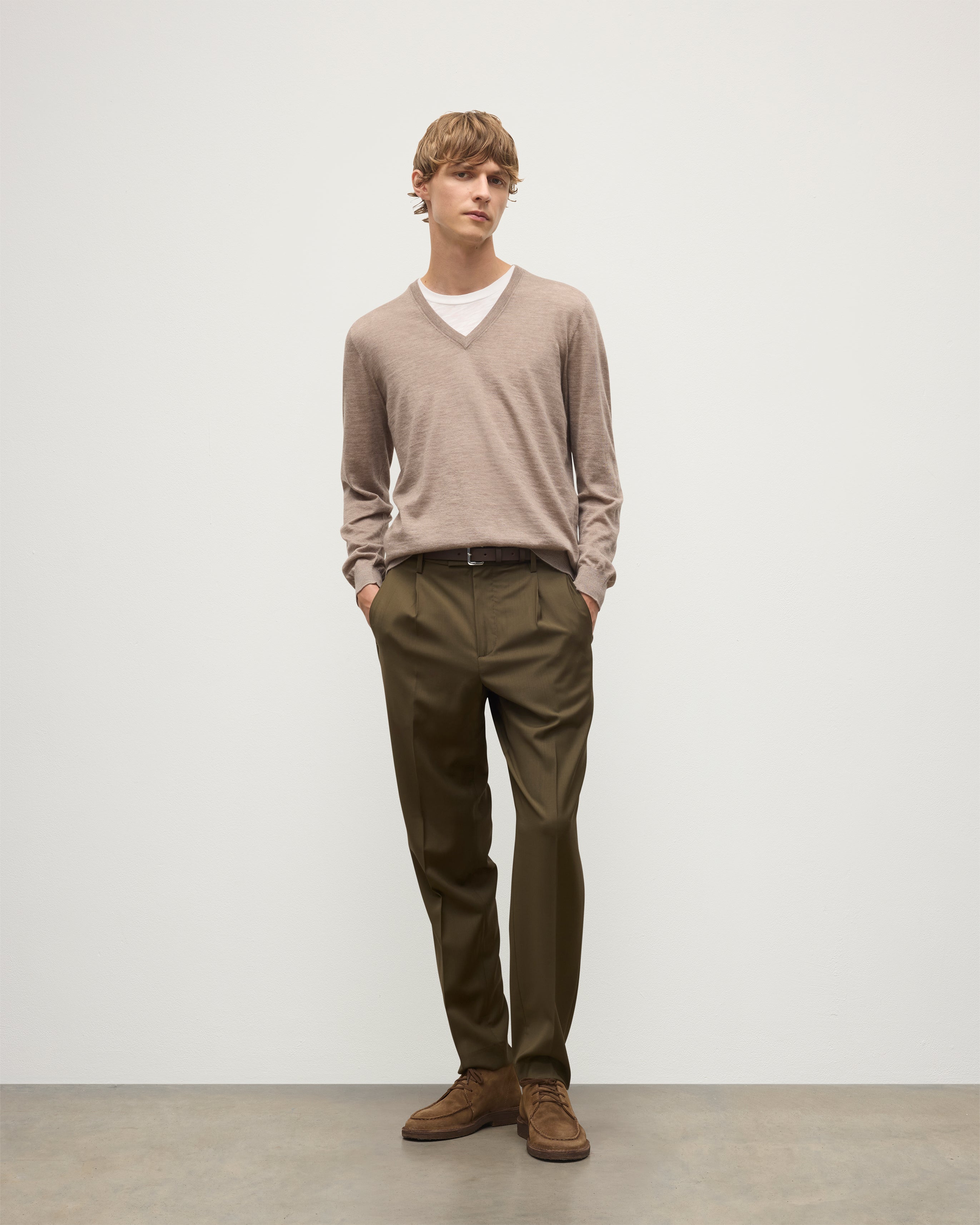 Johnstons of Elgin - Fin Light Brown V Neck Superfine Cashmere Jumper
