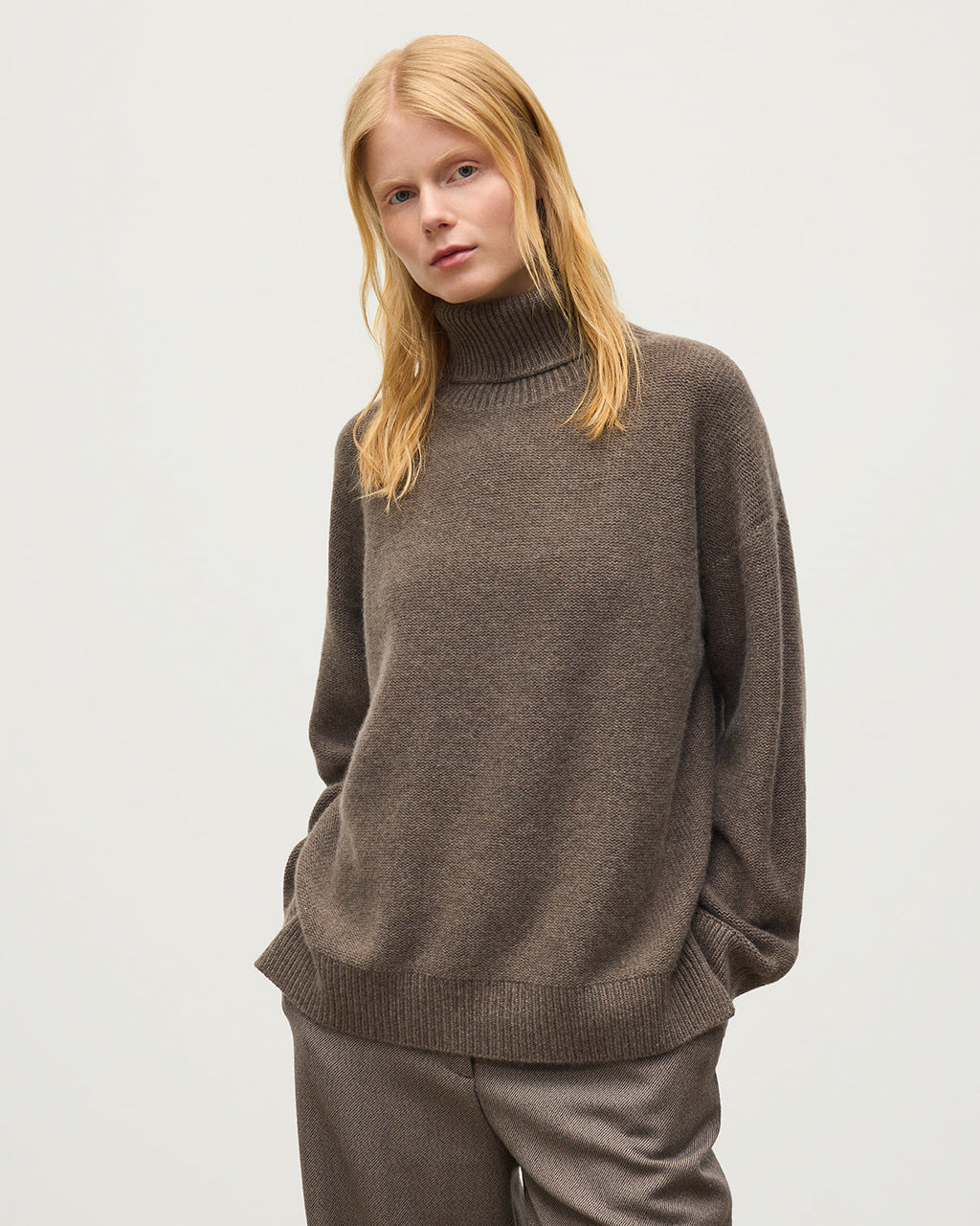 Johnstons of Elgin - Maggie Reverse Stitch Roll Neck Brown Cashmere Jumper
