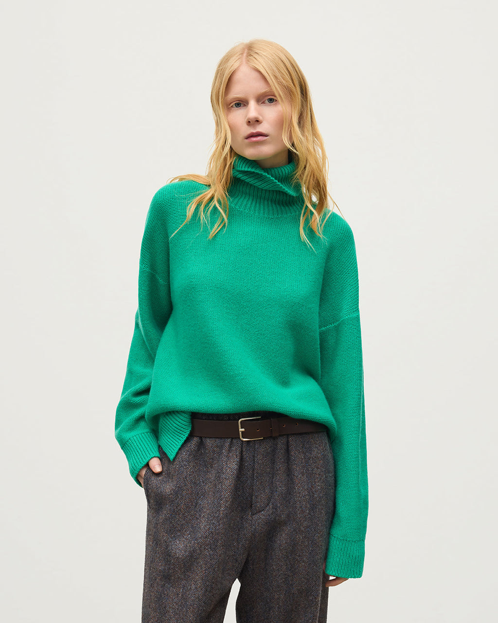Johnstons of Elgin - Maggie Reverse Stitch Roll Neck Green Cashmere Jumper