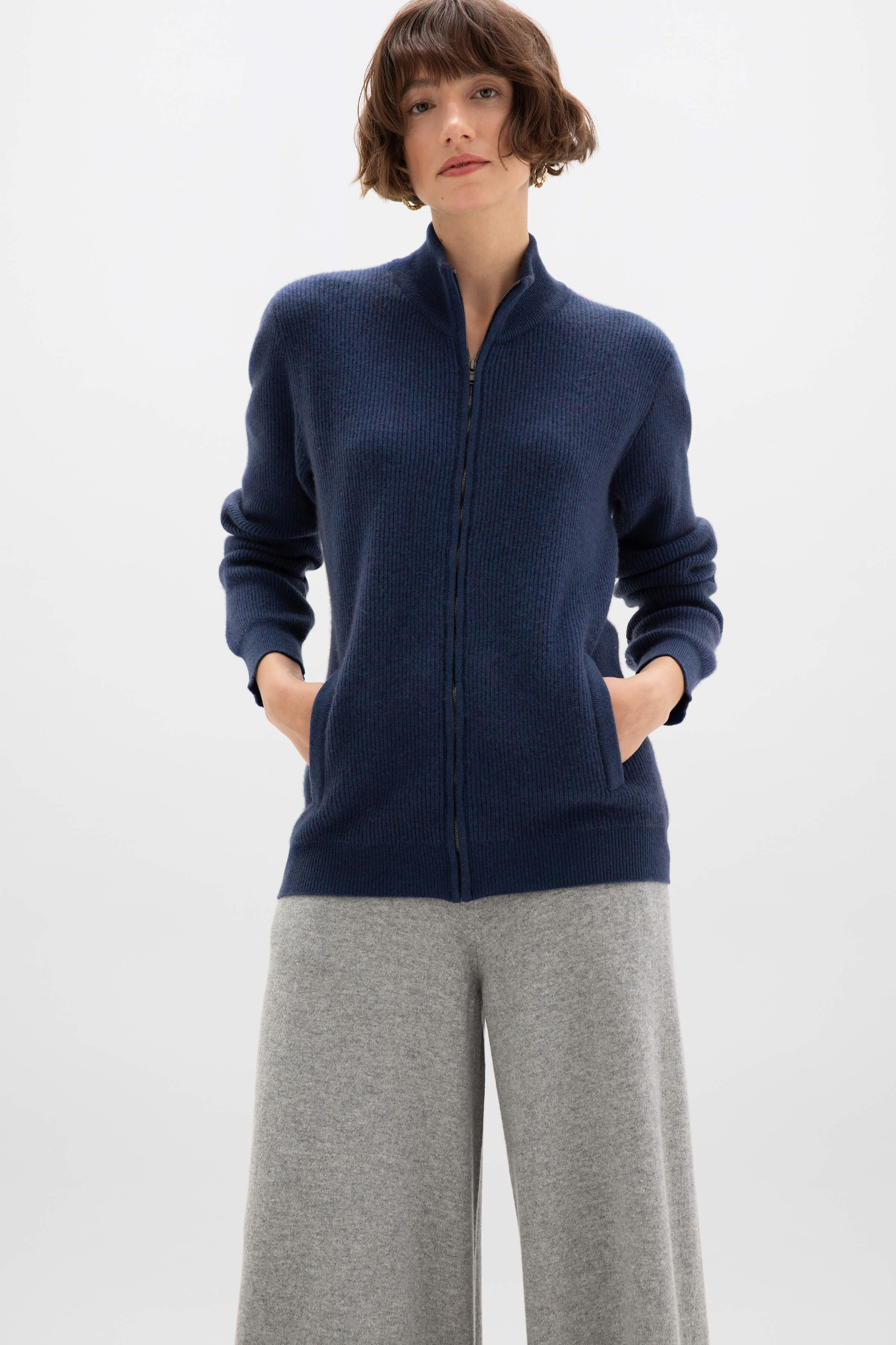 Johnstons of Elgin - Ribbed Cashmere Mid Blue Cardigan