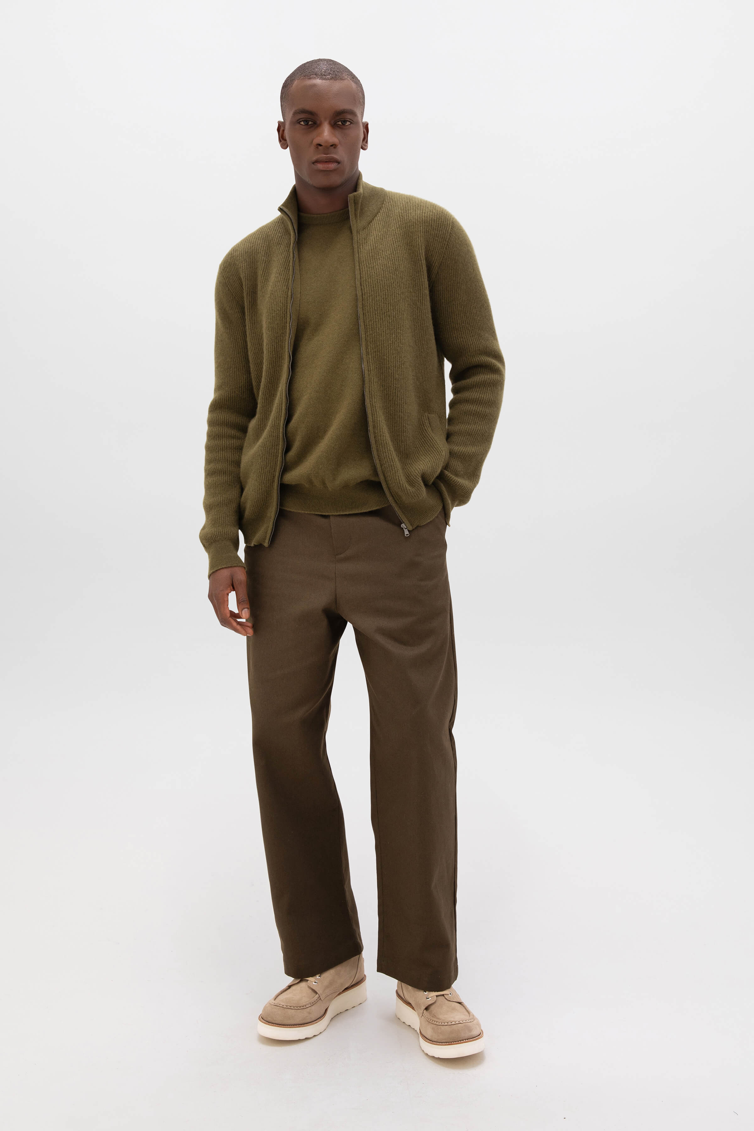 Johnstons of Elgin - Front Zip Olive Green Cashmere Cardigan