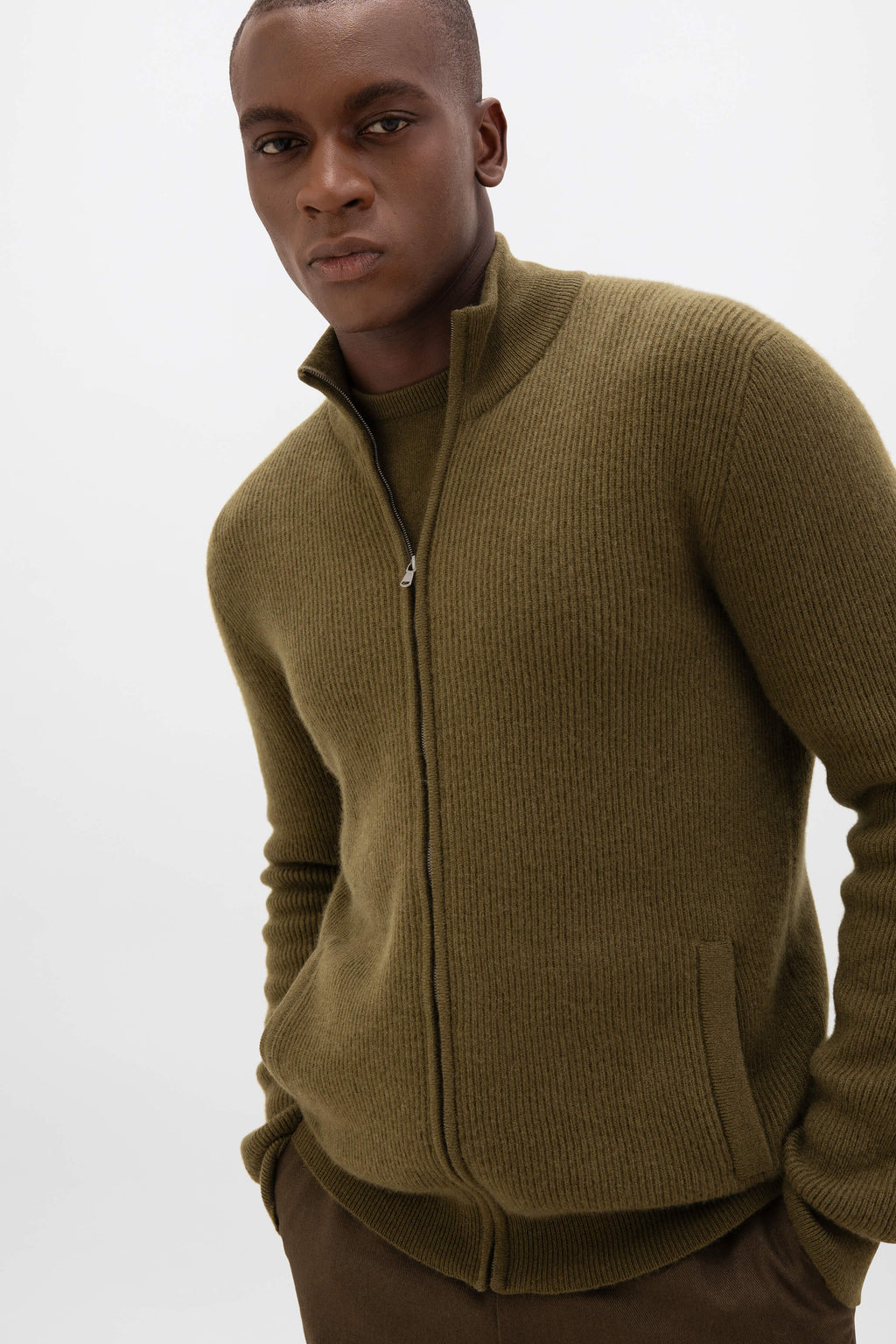 Johnstons of Elgin - Front Zip Olive Green Cashmere Cardigan