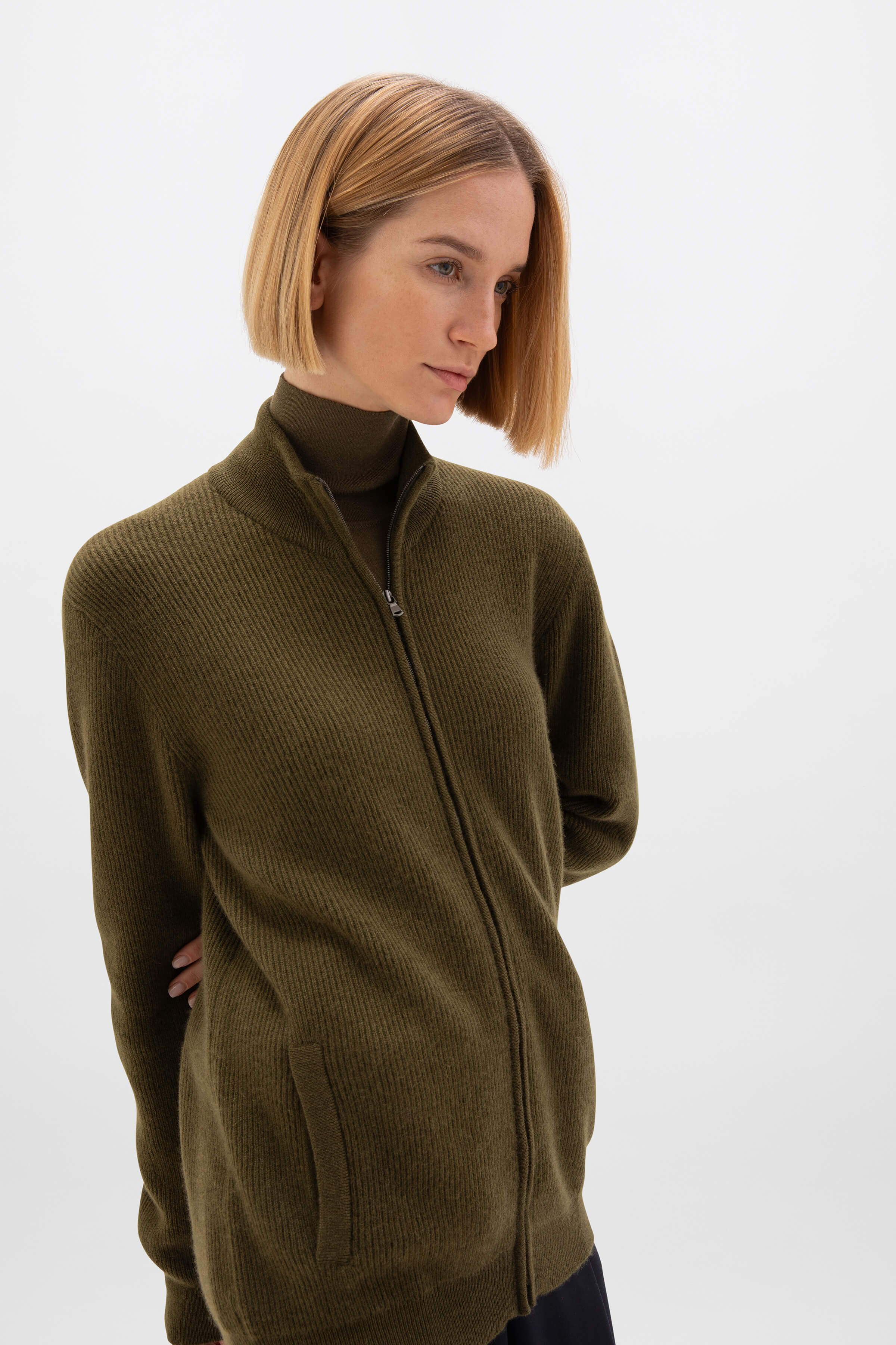 Johnstons of Elgin - Front Zip Olive Green Cashmere Cardigan