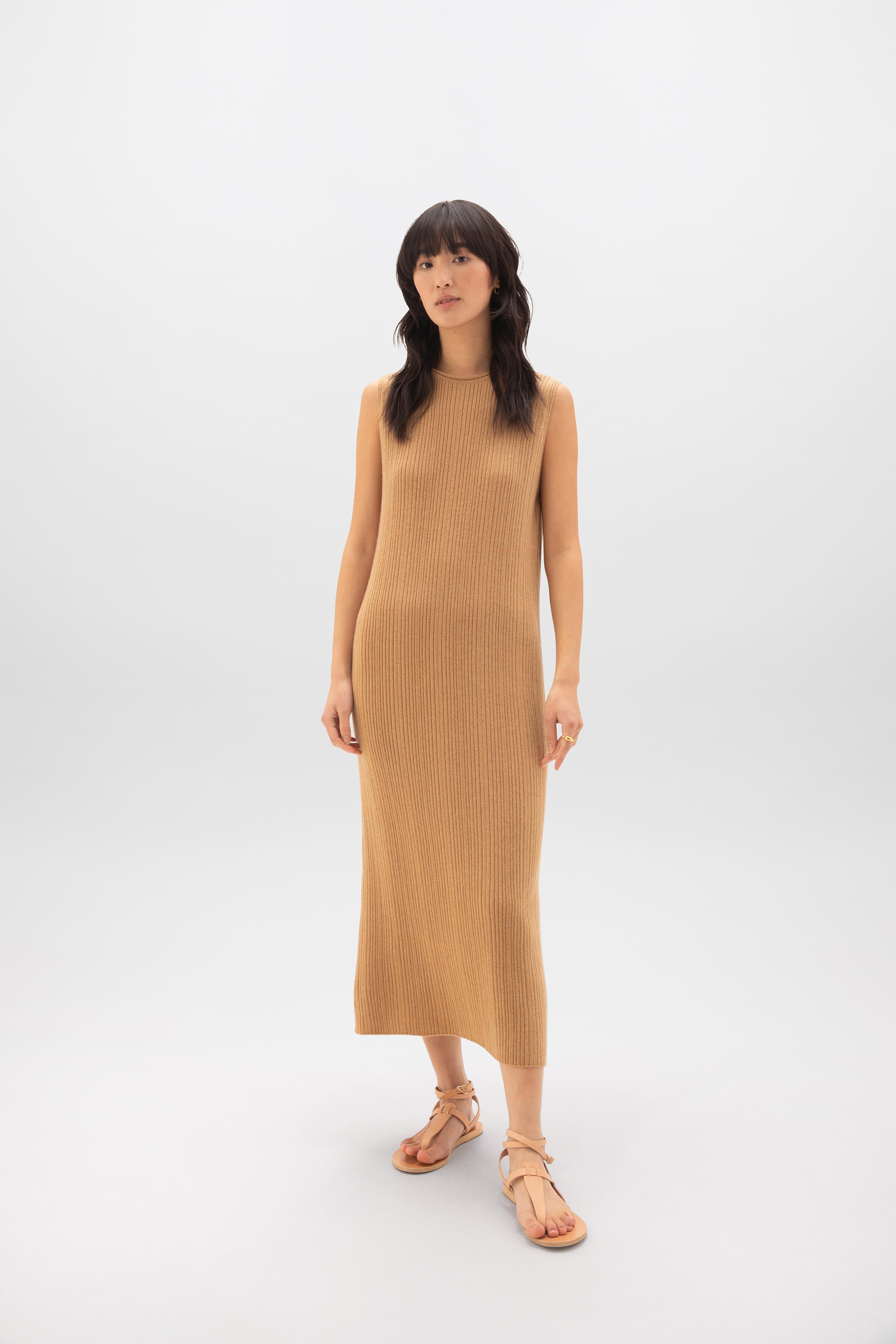 Johnstons of Elgin - Sleeveless Ribbed Camel Cashmere Dress