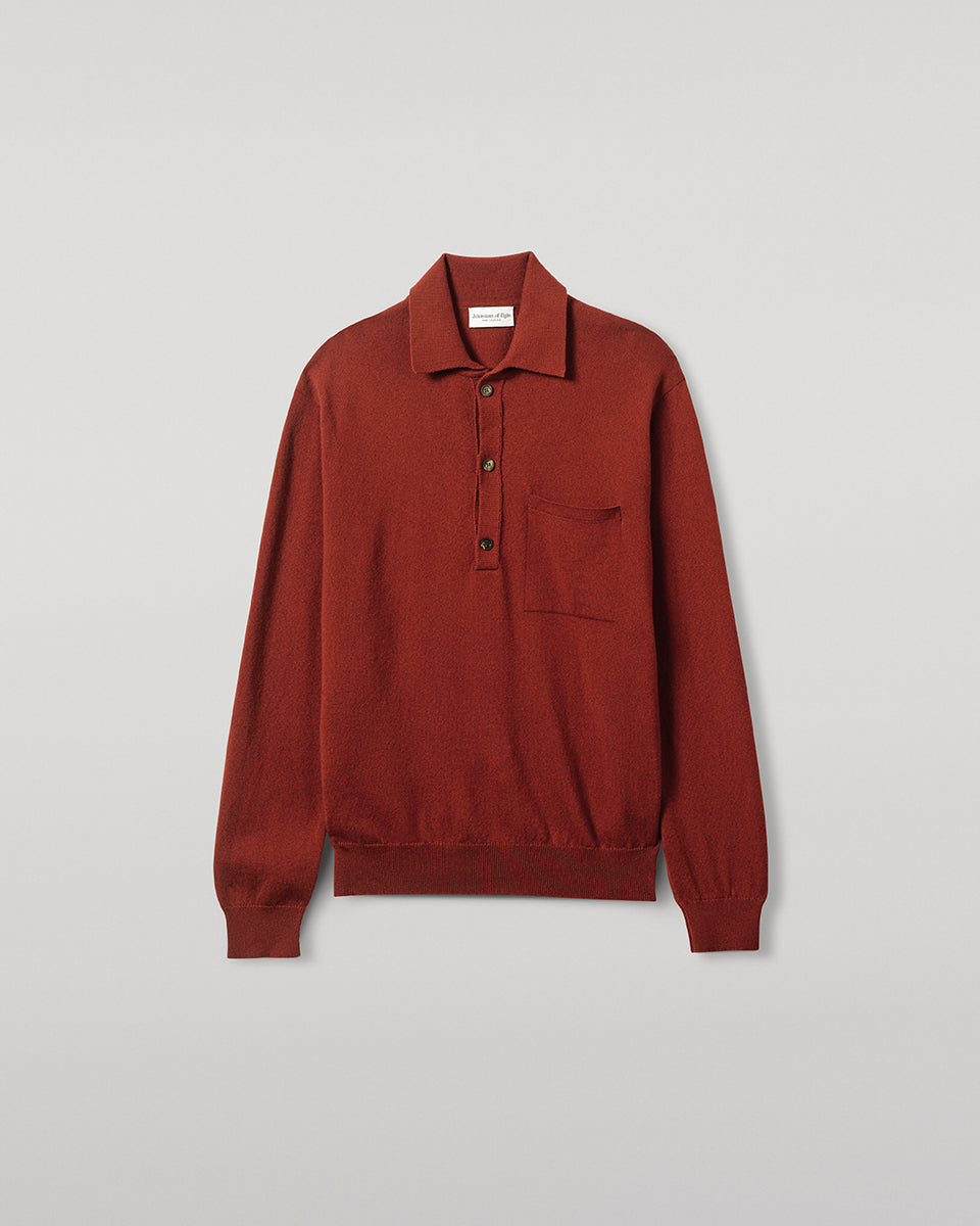 Johnstons of Elgin - Cashmere Long Sleeve Dark Red Polo Shirt