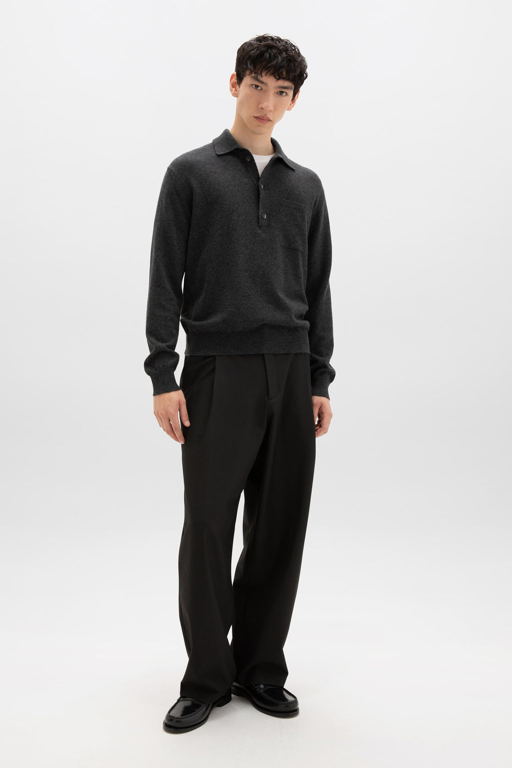 Johnstons of Elgin - Cashmere Long Sleeve Dark Grey Polo Shirt