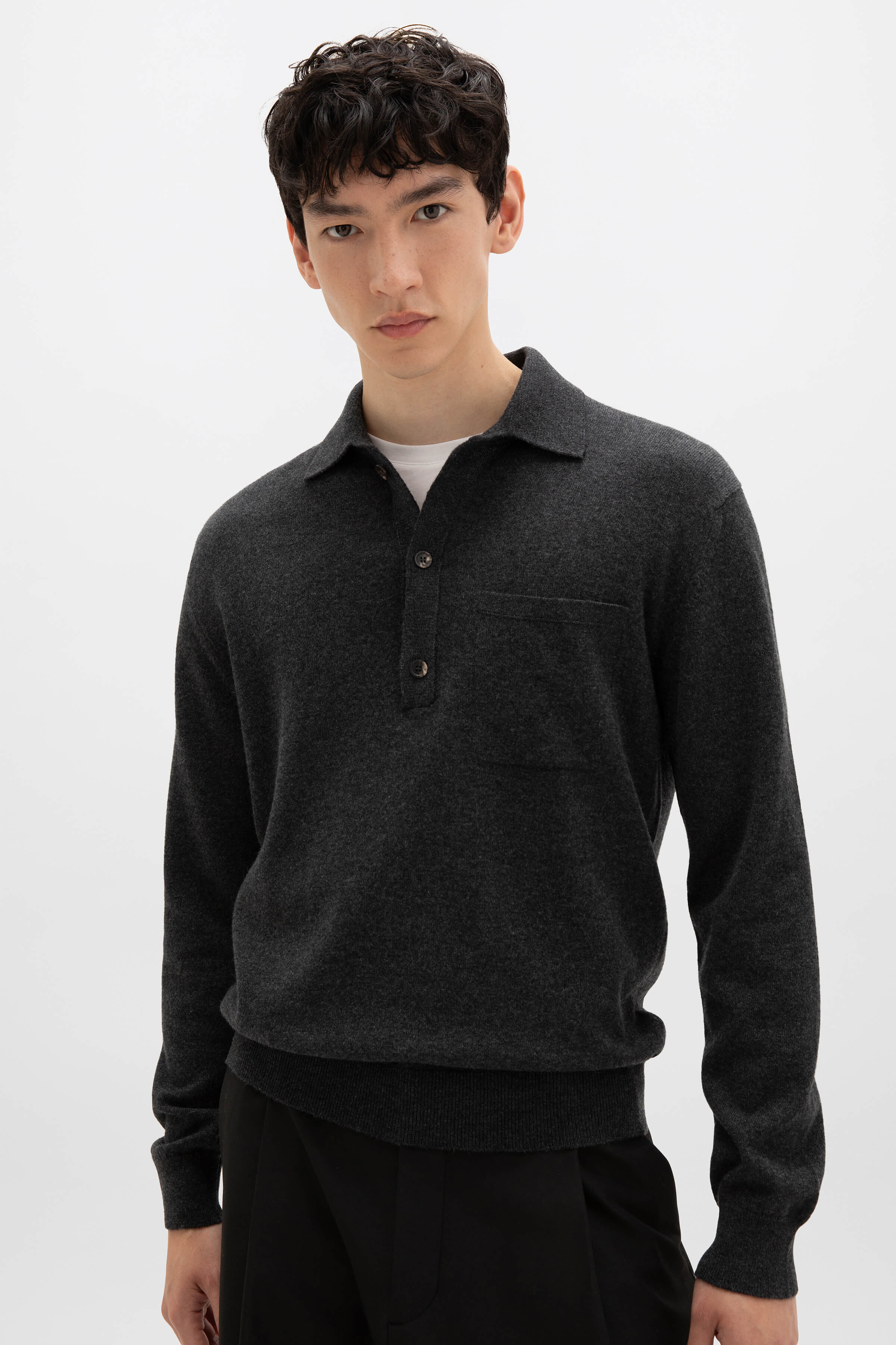 Johnstons of Elgin - Cashmere Long Sleeve Dark Grey Polo Shirt