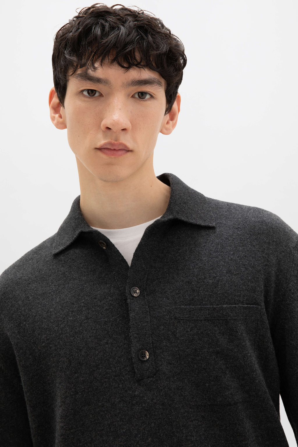 Johnstons of Elgin - Cashmere Long Sleeve Dark Grey Polo Shirt