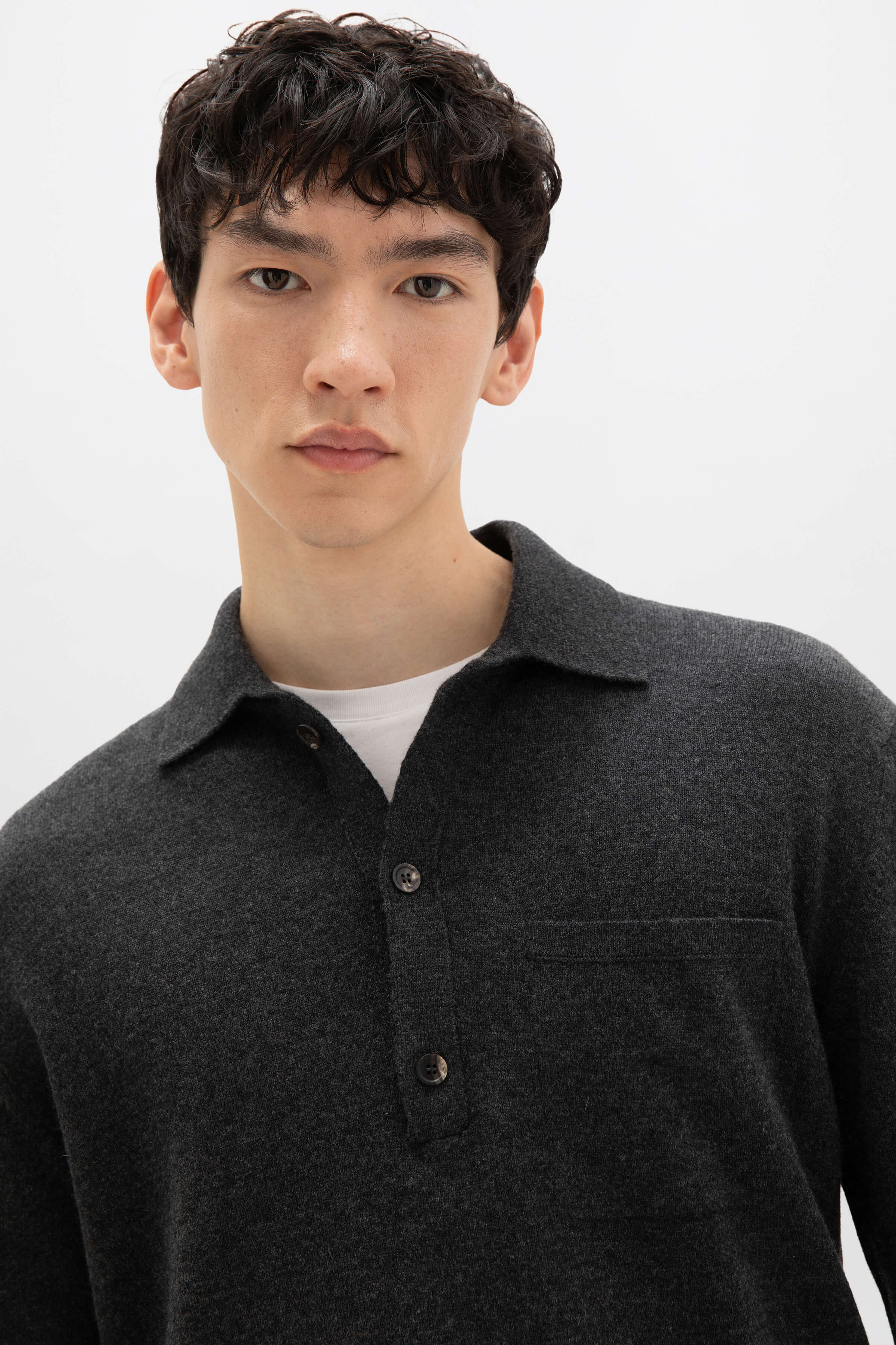 Johnstons of Elgin - Cashmere Long Sleeve Dark Grey Polo Shirt