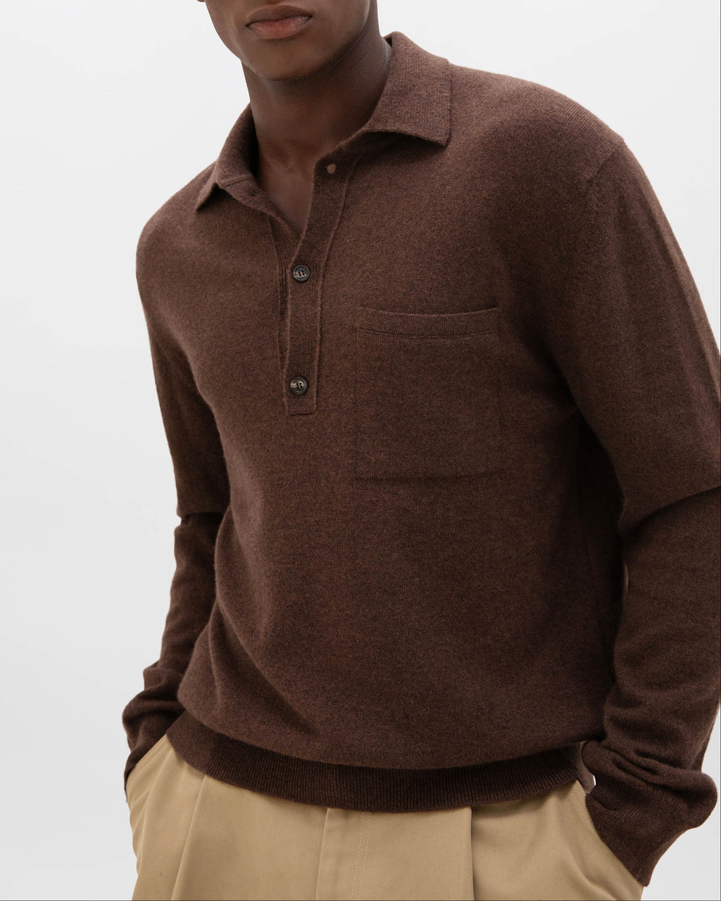 Johnstons of Elgin - Cashmere Long Sleeve Dark Brown Polo Shirt