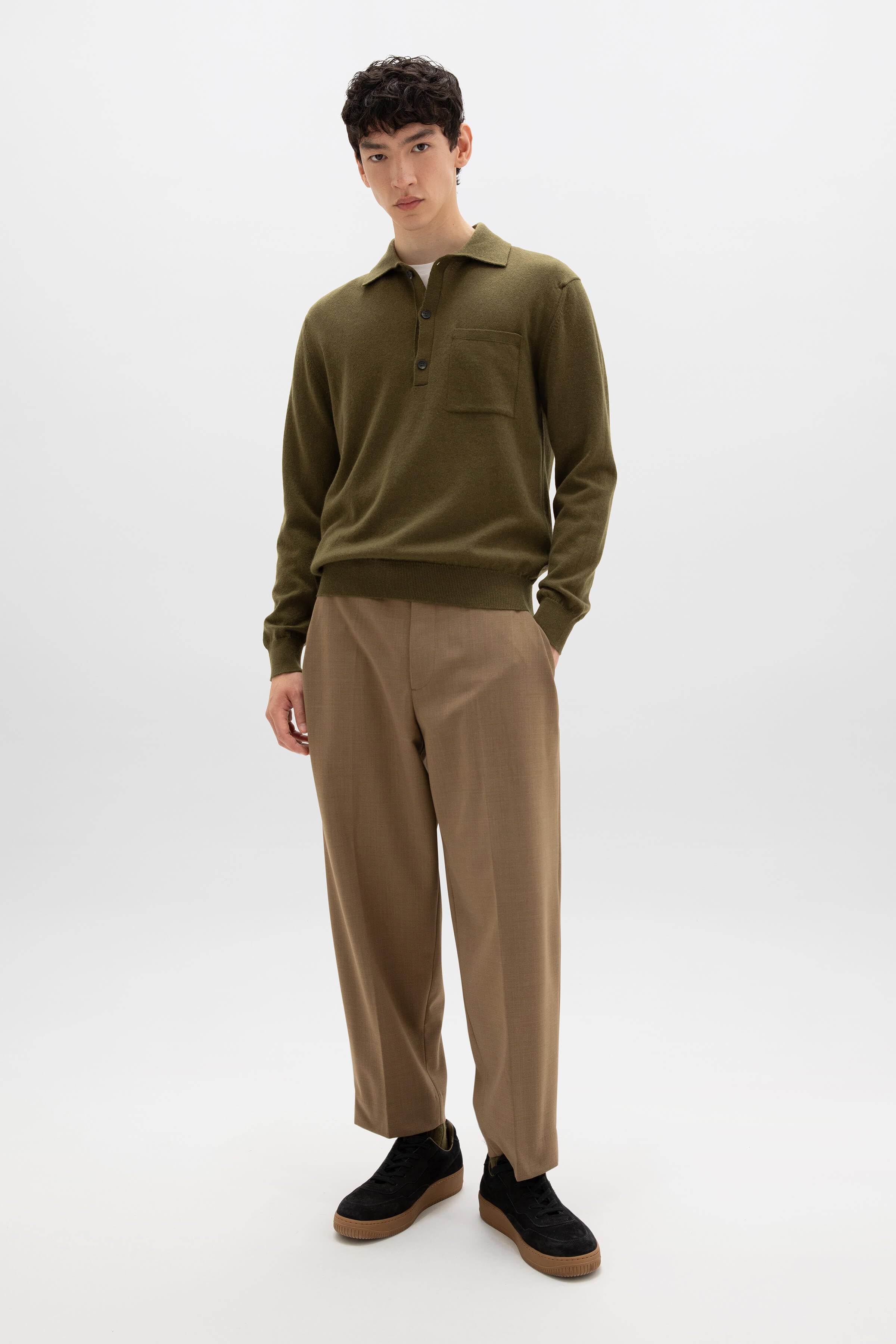 Johnstons of Elgin - Cashmere Long Sleeve Olive Green Poloshirt