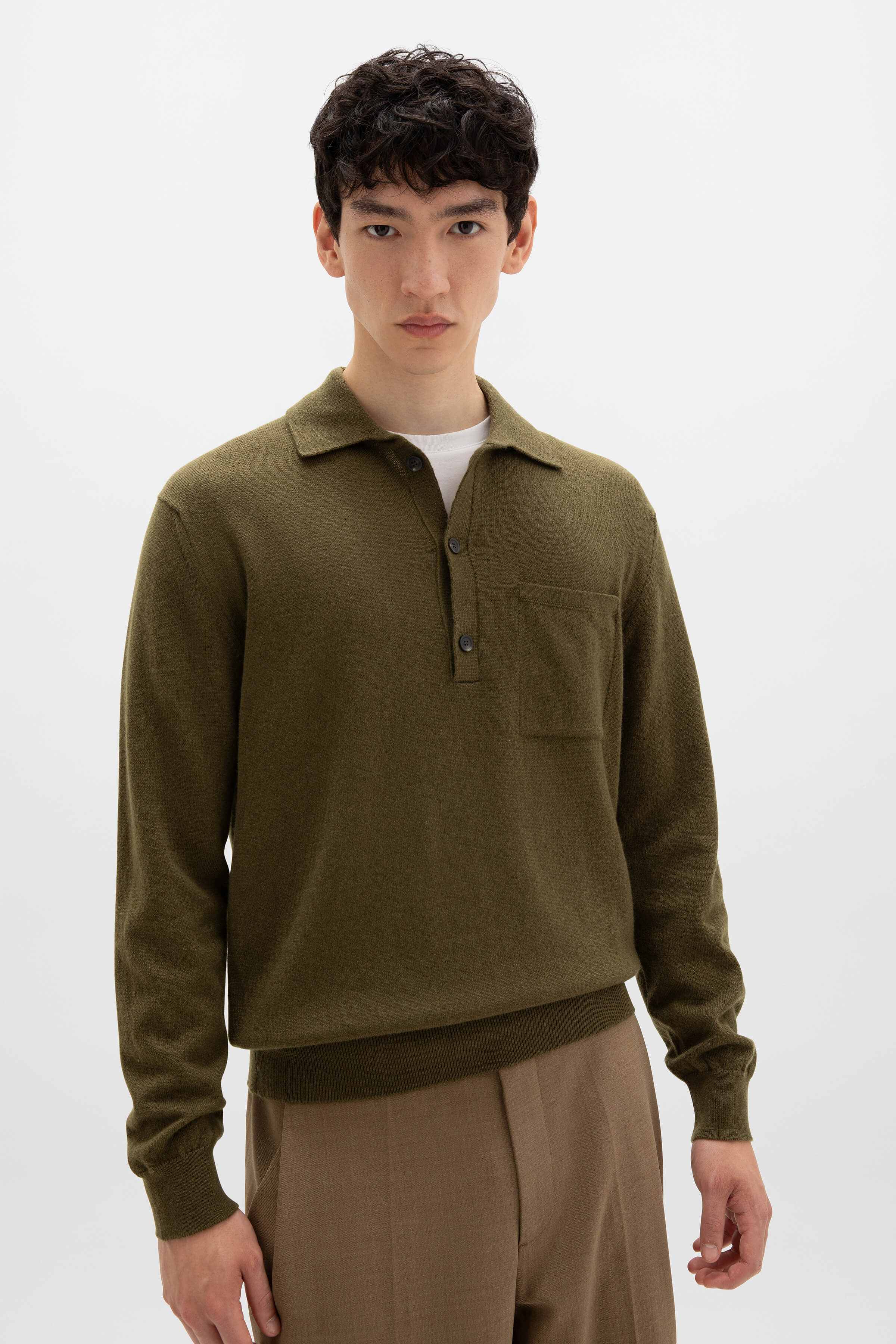Johnstons of Elgin - Cashmere Long Sleeve Olive Green Poloshirt