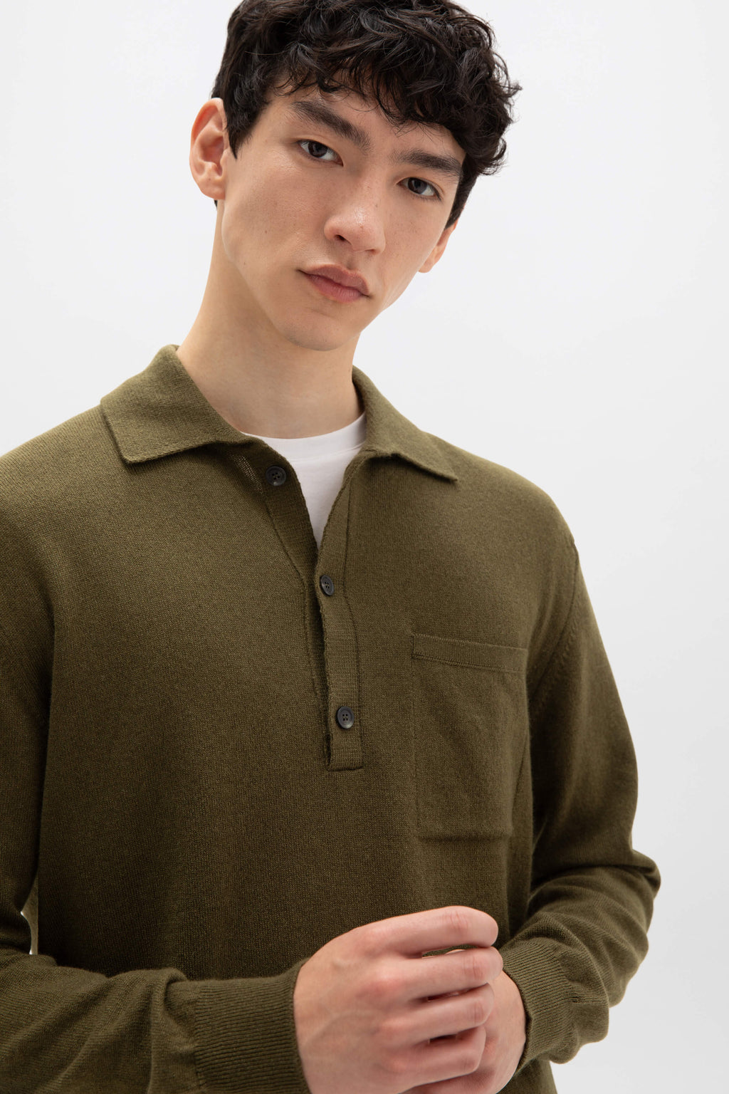 Johnstons of Elgin - Cashmere Long Sleeve Olive Green Poloshirt