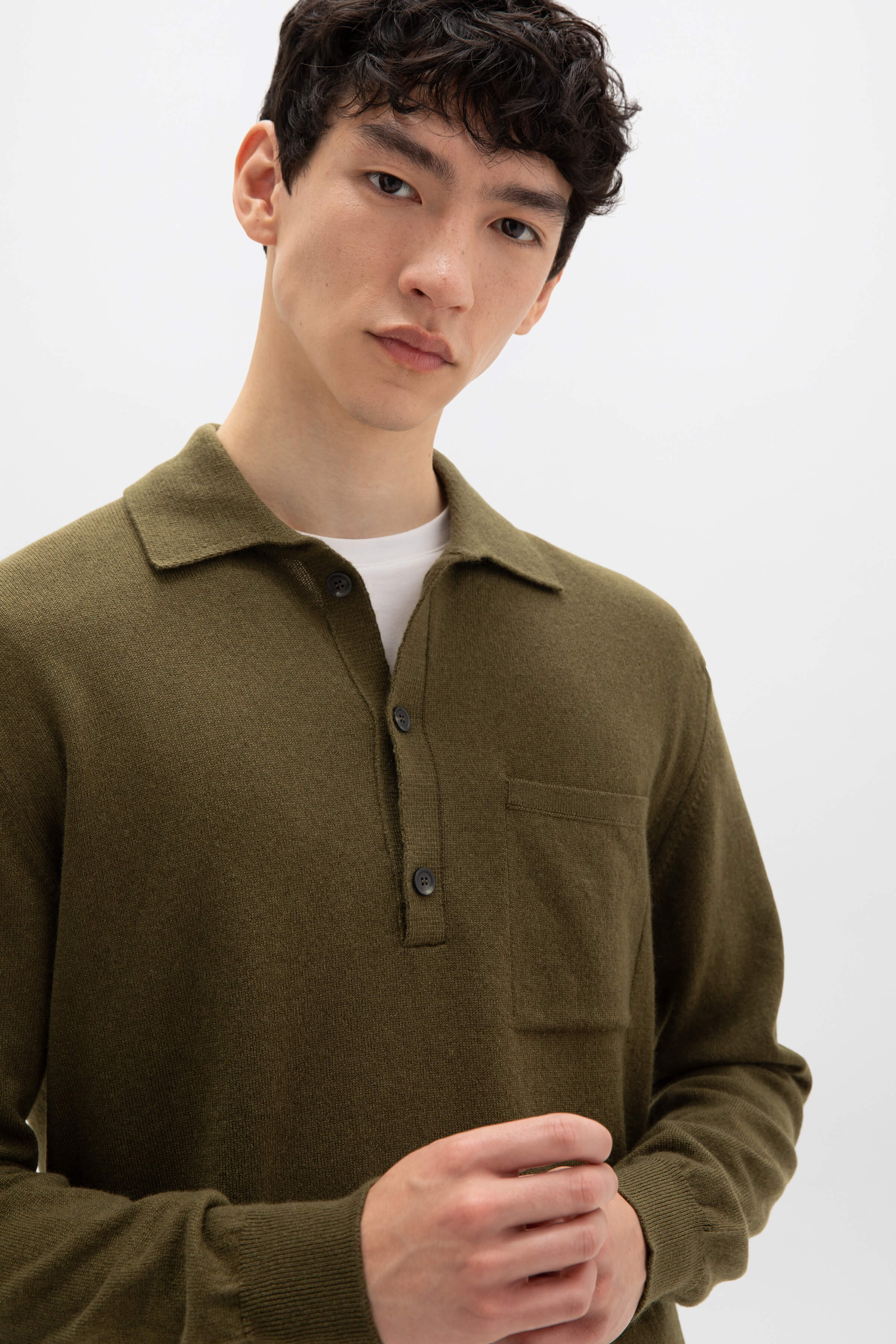 Johnstons of Elgin - Cashmere Long Sleeve Olive Green Poloshirt