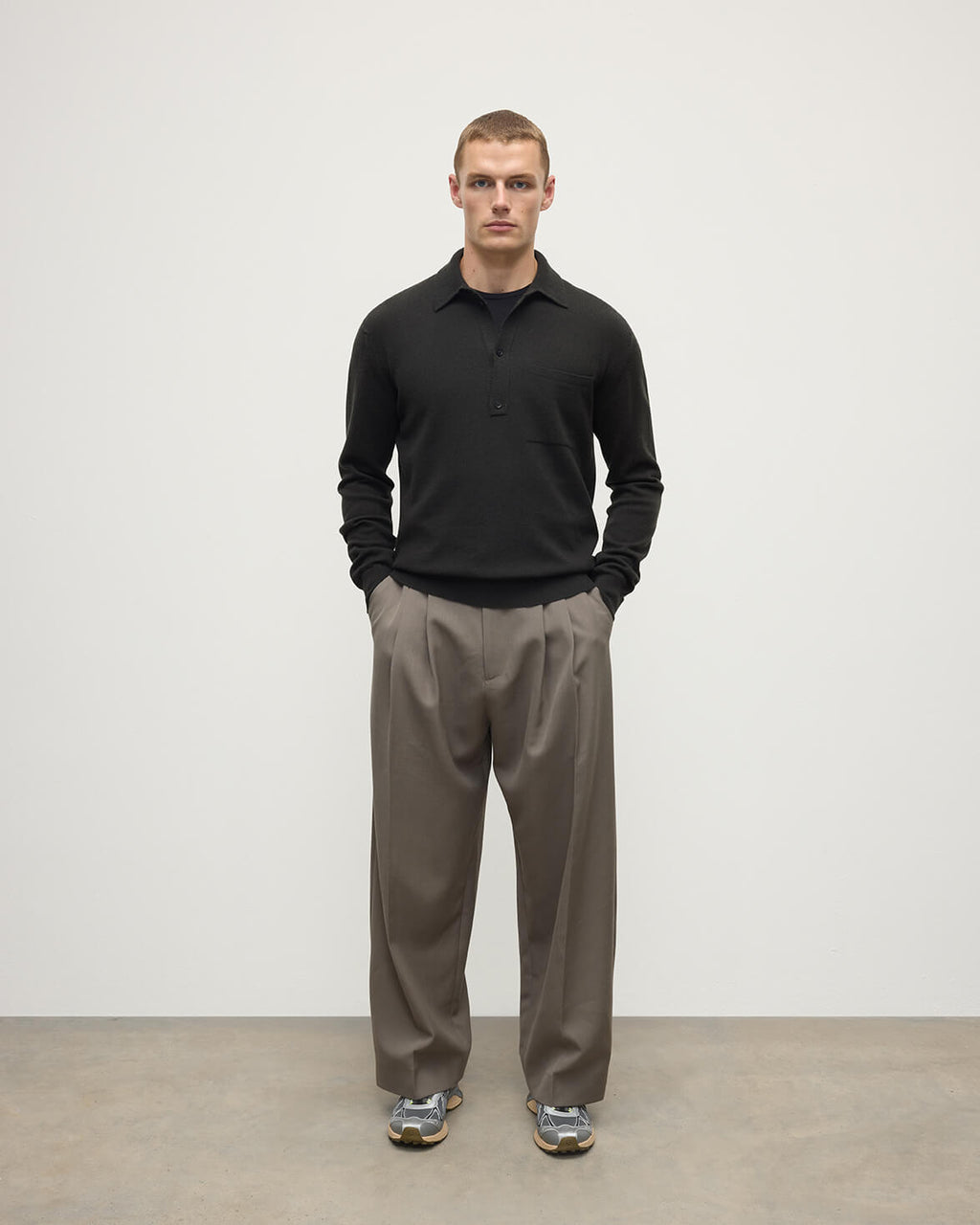 Johnstons of Elgin - Cashmere Long Sleeve Dark Grey Polo Shirt