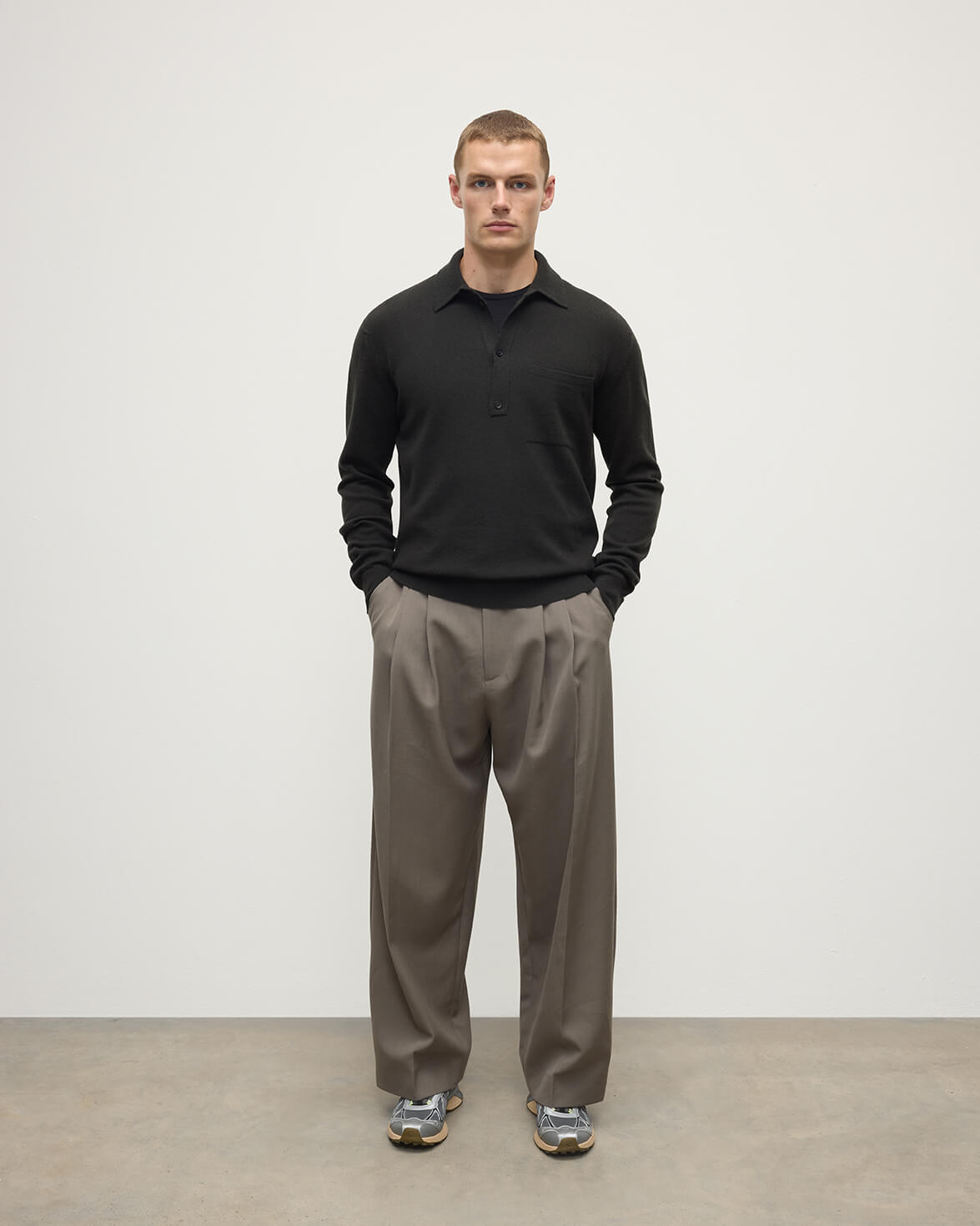 Johnstons of Elgin - Cashmere Long Sleeve Dark Grey Polo Shirt