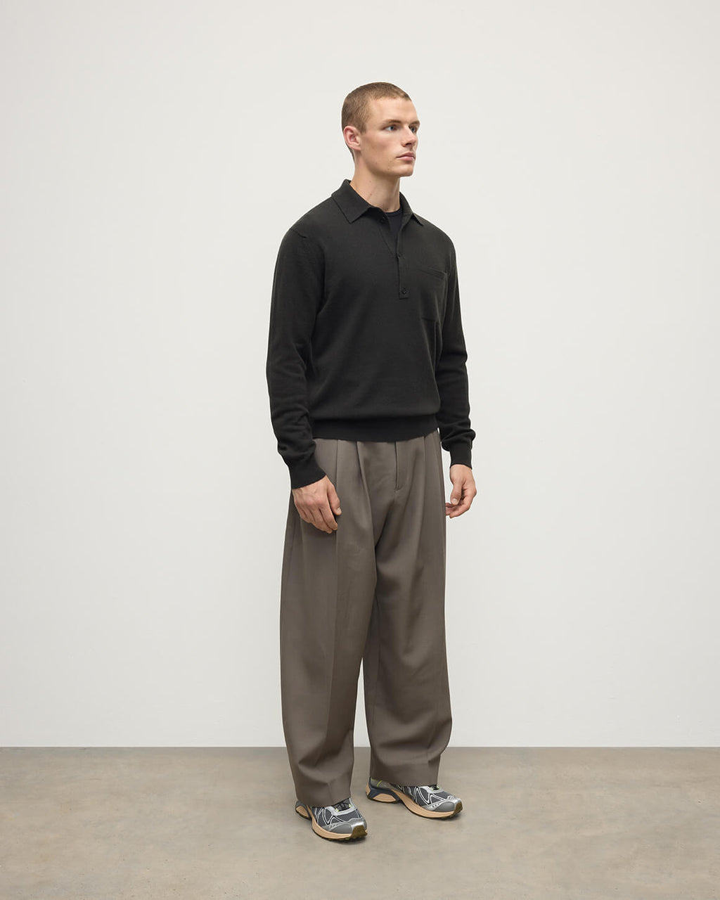 Johnstons of Elgin - Cashmere Long Sleeve Dark Grey Polo Shirt