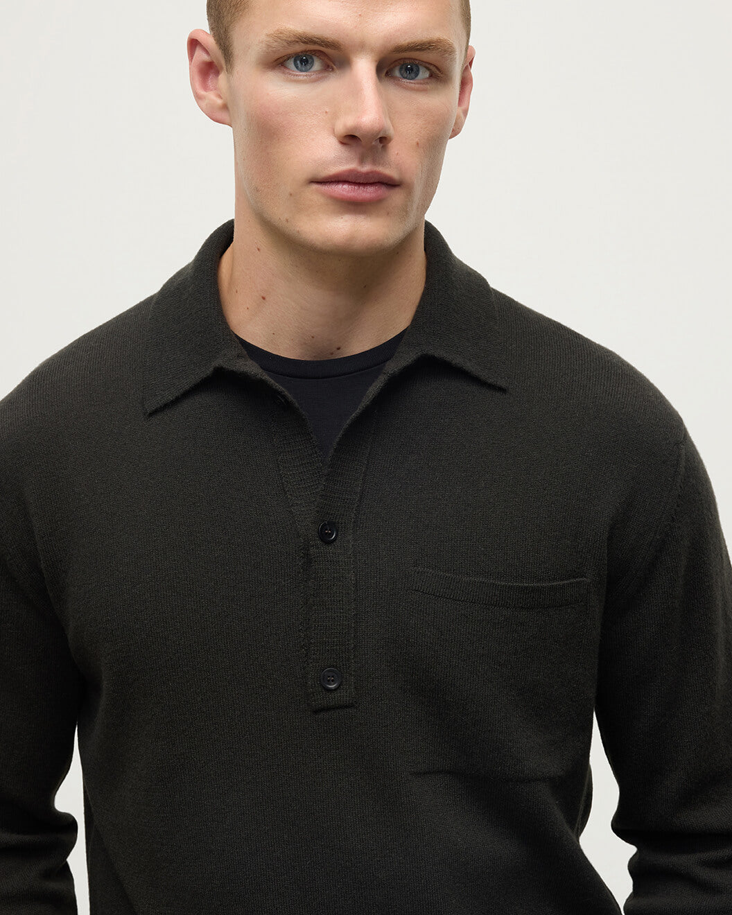 Johnstons of Elgin - Cashmere Long Sleeve Dark Grey Polo Shirt
