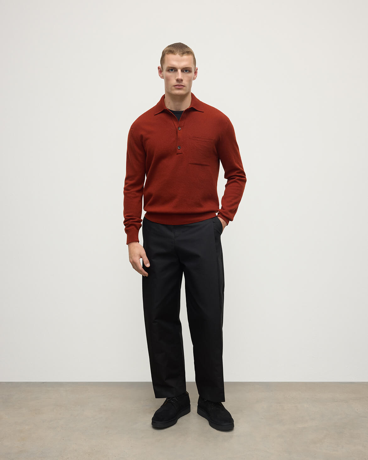 Johnstons of Elgin - Cashmere Long Sleeve Dark Red Polo Shirt