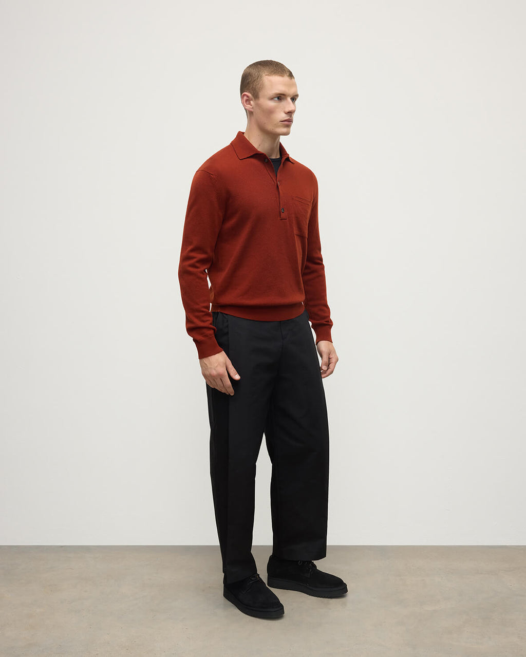 Johnstons of Elgin - Cashmere Long Sleeve Dark Red Polo Shirt