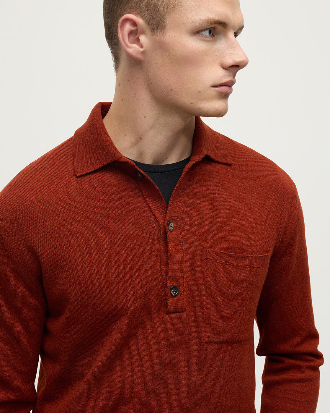 Johnstons of Elgin - Cashmere Long Sleeve Dark Red Polo Shirt