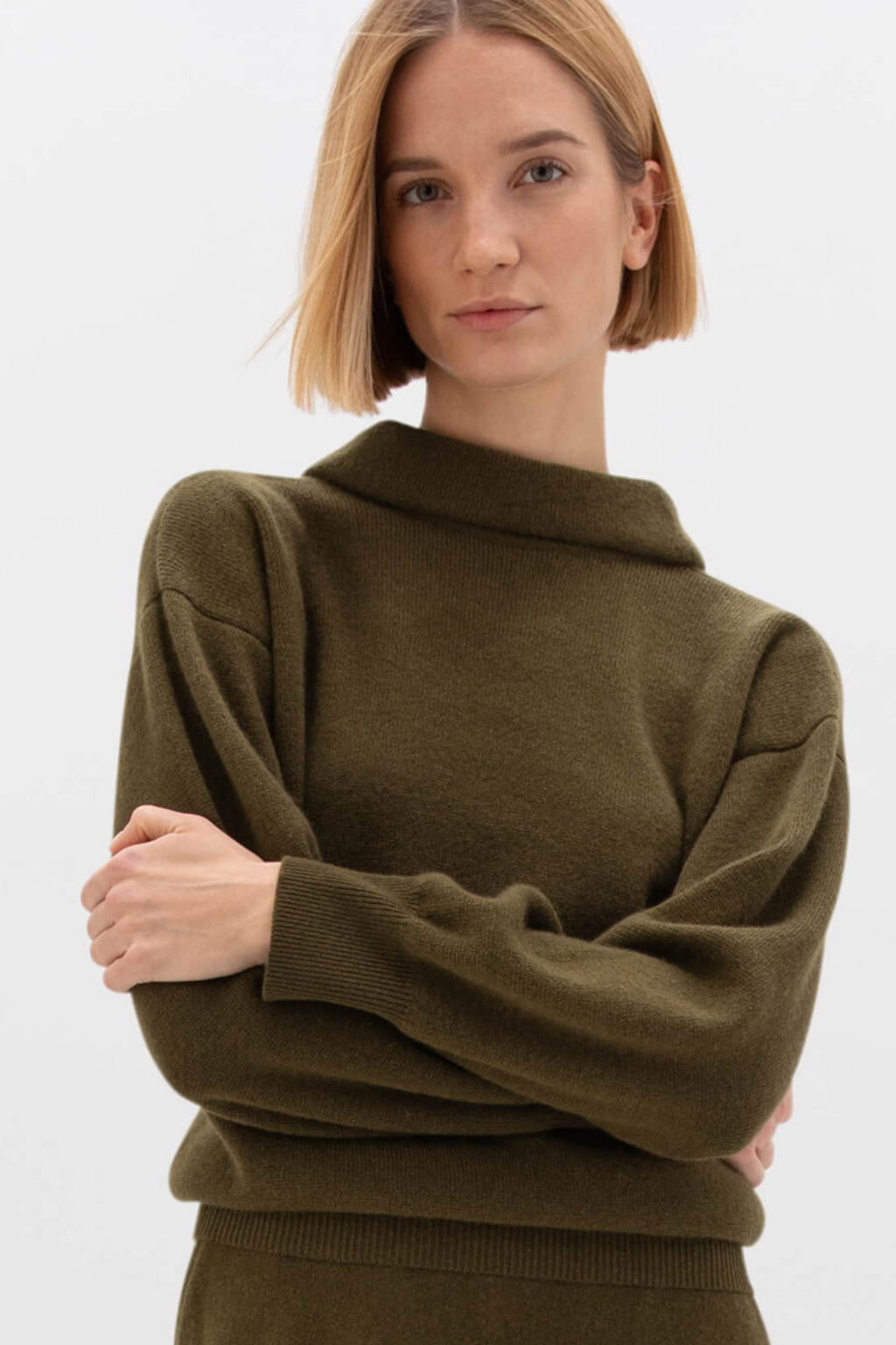 Johnstons of Elgin - Reversible Collar Olive Green Cashmere Jumper